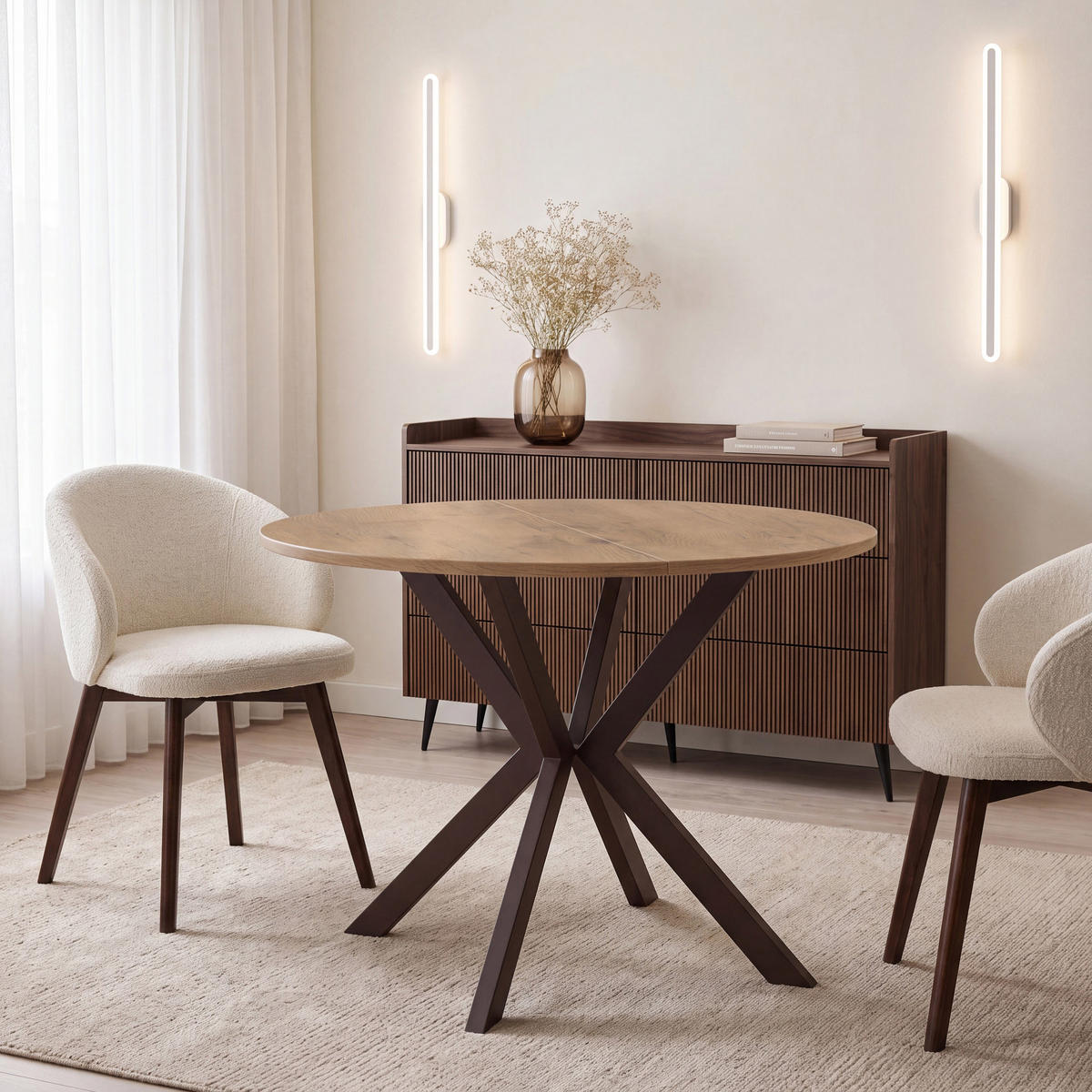 ESSTISCH Valio rund oval ausziehbar verlängerbar mit braunen Metallbeinen, Eiche Hellbraun 100-140/100/76 cm - Eichefarben/Braun, Holzwerkstoff/Metall (100/140/76cm) - WFL GROUP
