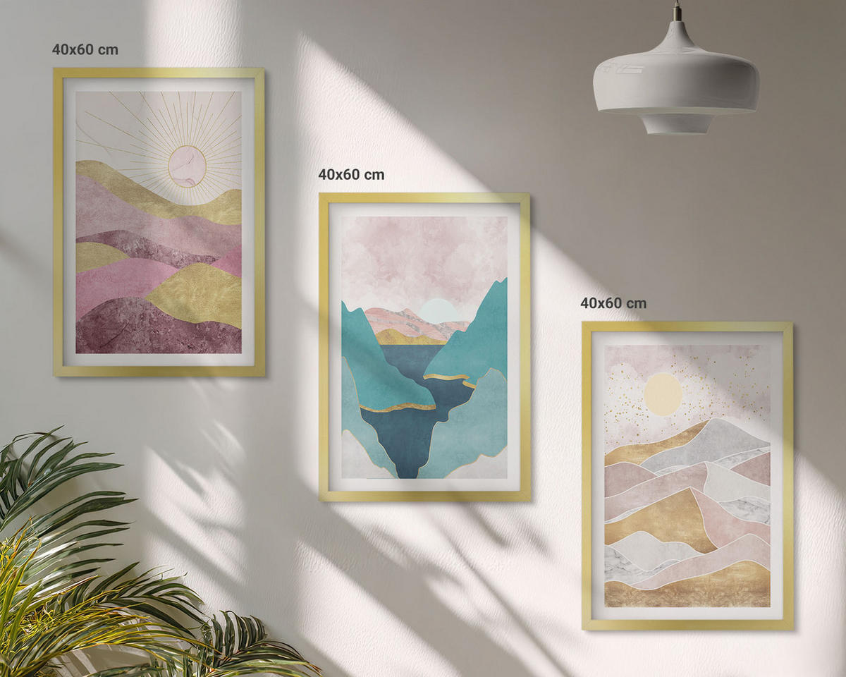 WANDBILDER 3er Set - 40x60 cm Goldrahmen - Abstrakte Berge Sonne - Goldfarben, Kunststoff (40/60cm) - ArtPrintCave