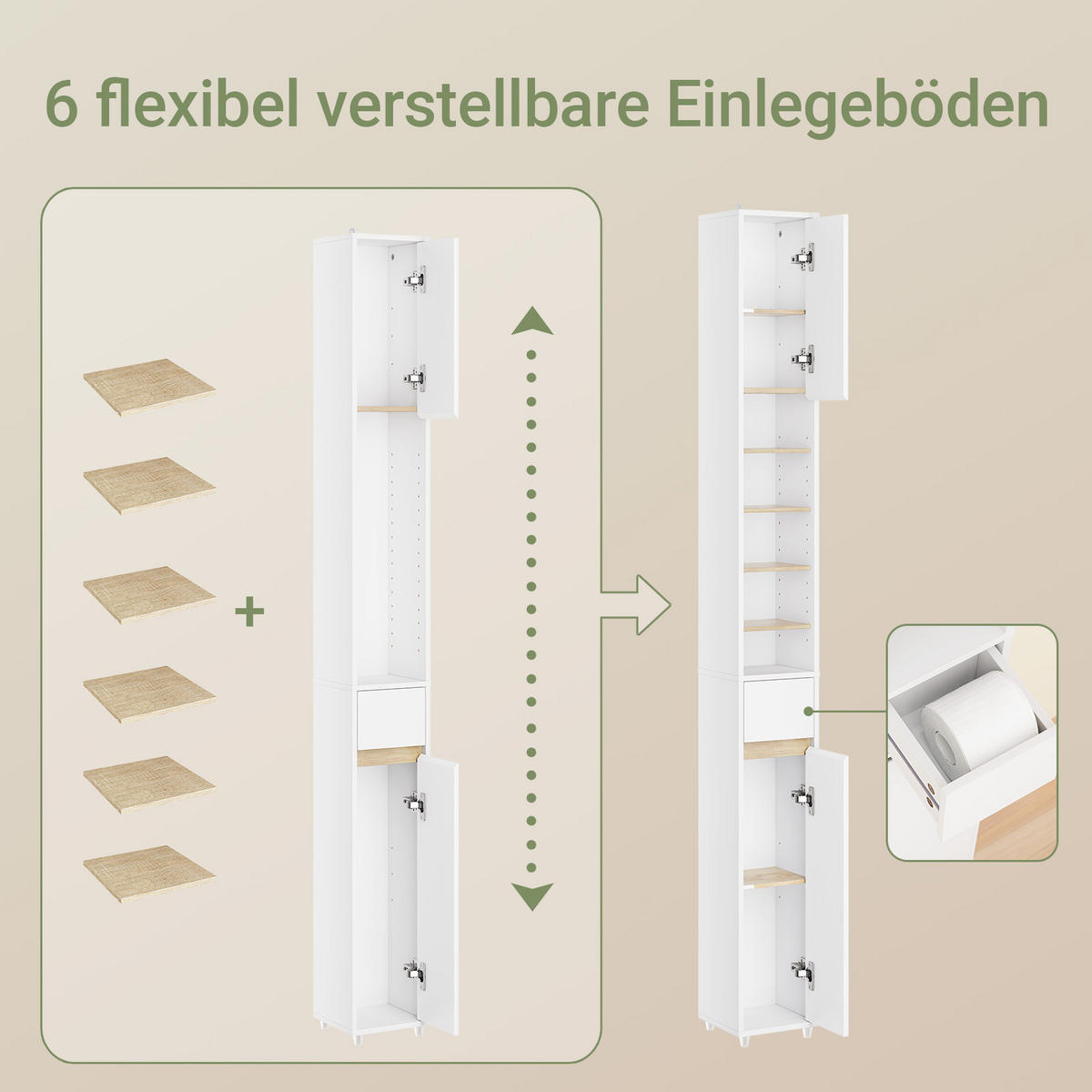 HOCHSCHRANK Schmal, Weiß-Natur, 20x180x20cm - Weiß/Naturfarben, Holzwerkstoff (20/180/20cm) - SoBuy