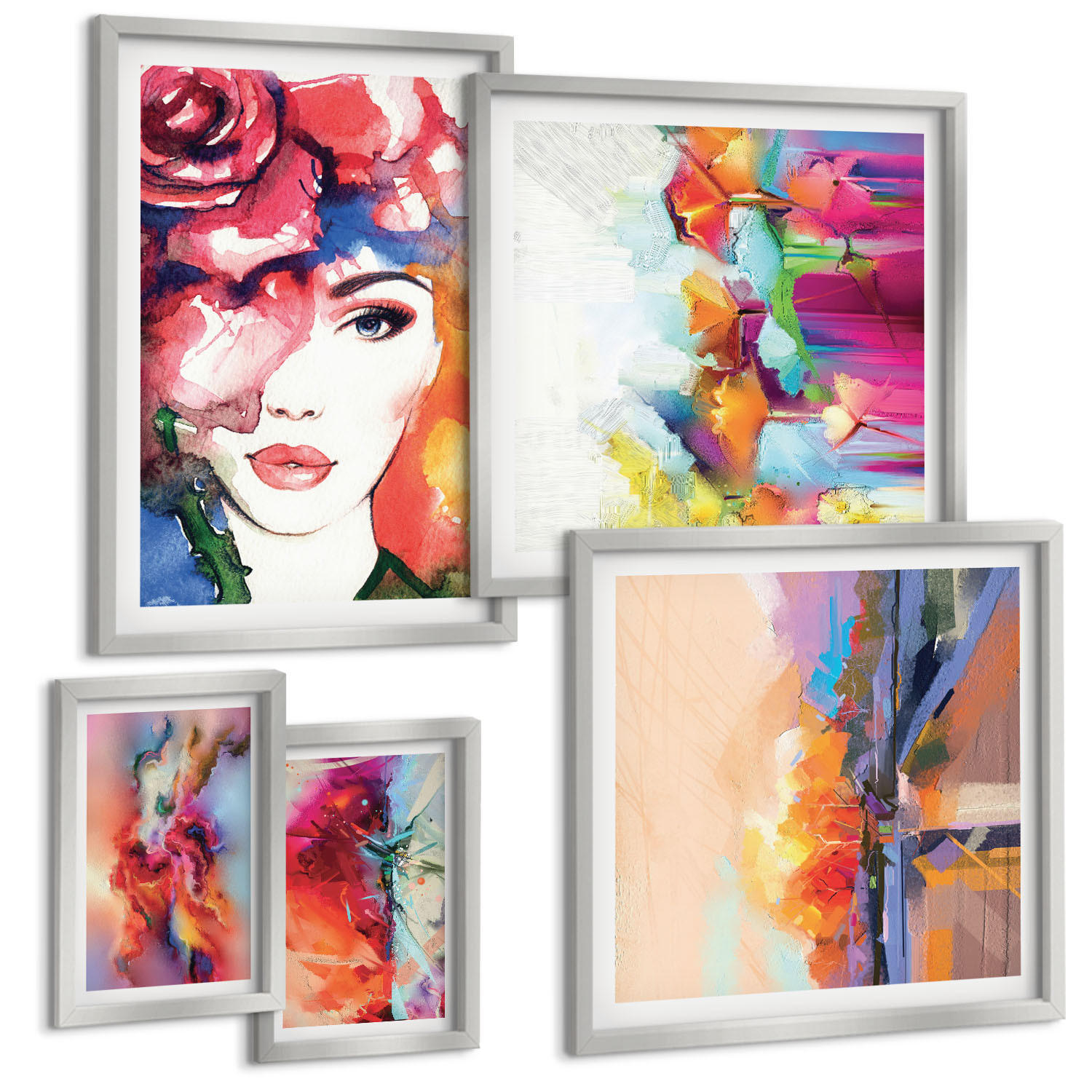 BILDER SET 5er Set - 50x50 cm & 20x30 cm & 40x60 cm Silberner Rahmen - Italienische Flüsse, Hügel, Straße - Silberfarben, Kunststoff (40/60cm) - TULUP