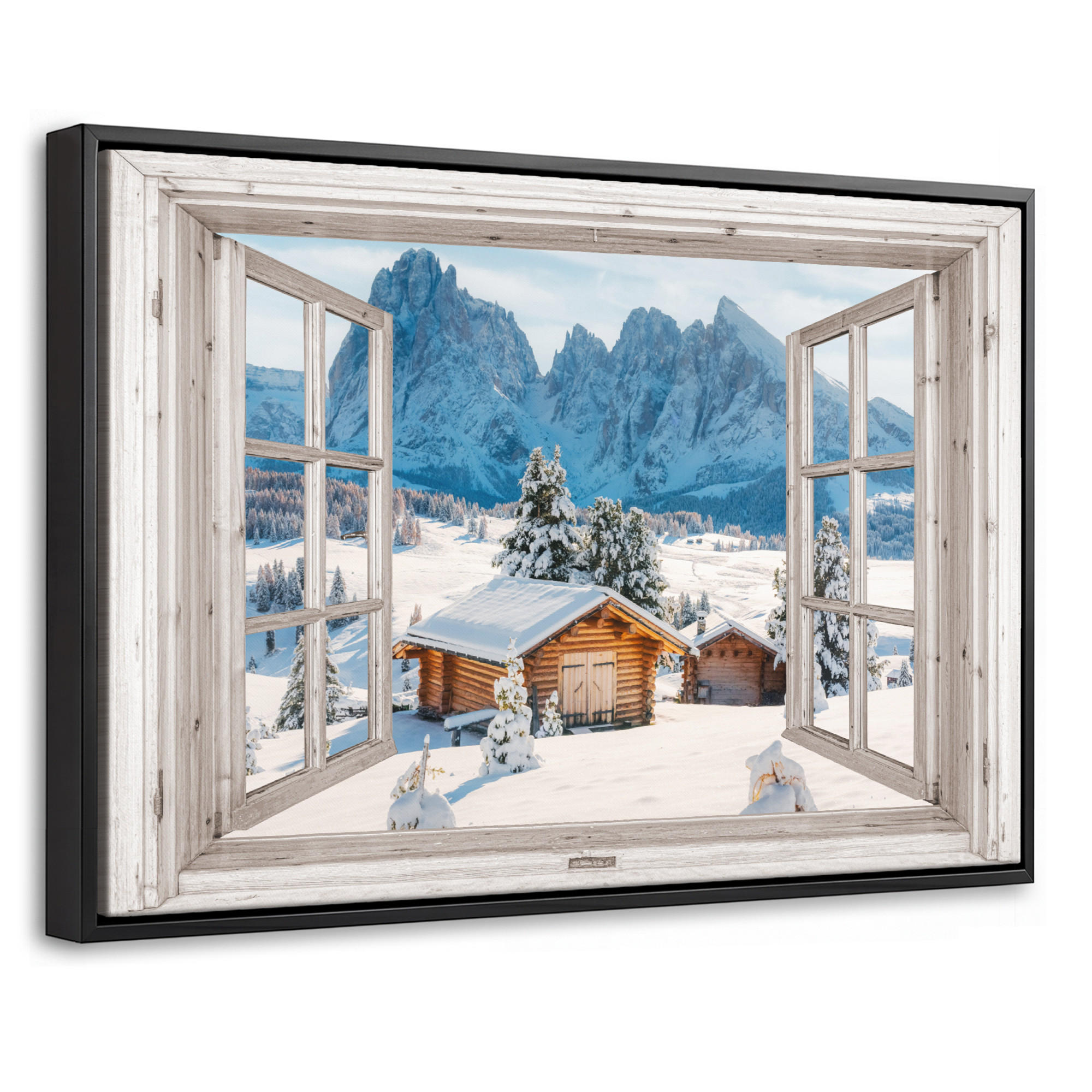 LEINWAND Bilder mit Rahmen - Winterlandschaft - Hütte - Berge - Ausblicke - Aussicht - Natur - 60x40 - Weiß Hochglanz, Textil (60/40cm) - MuchoWow