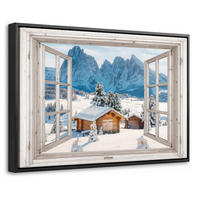 LEINWAND Bilder mit Rahmen - Winterlandschaft - Hütte - Berge - Ausblicke - Aussicht - Natur - 30x20 - Weiß Hochglanz, Textil (30/20cm) - MuchoWow