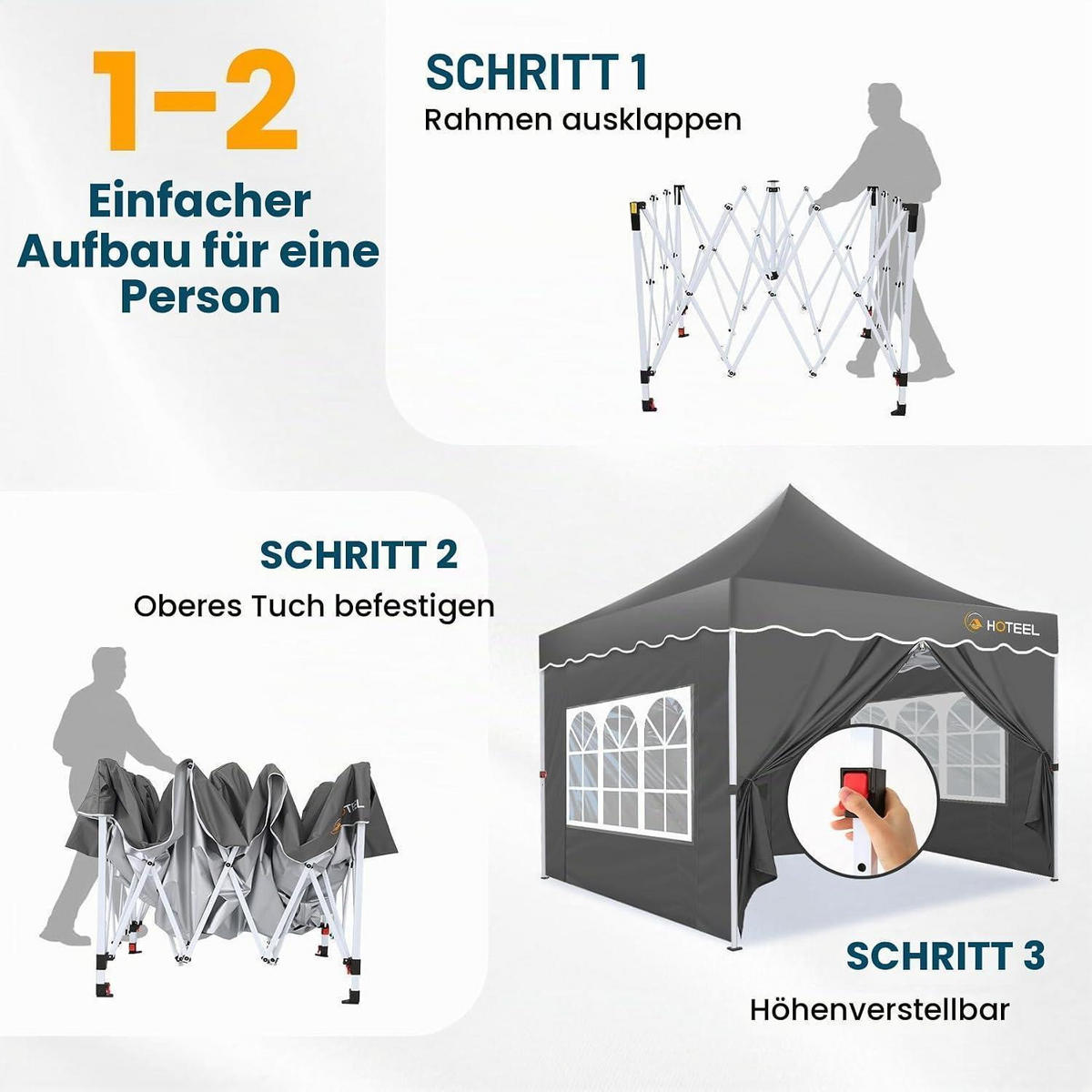 FALTPAVILLON 3x3m Grau mit 4 Seitenwänden Wasserdicht UV Schutz 50+ - Grau, Textil (22/26/118cm)