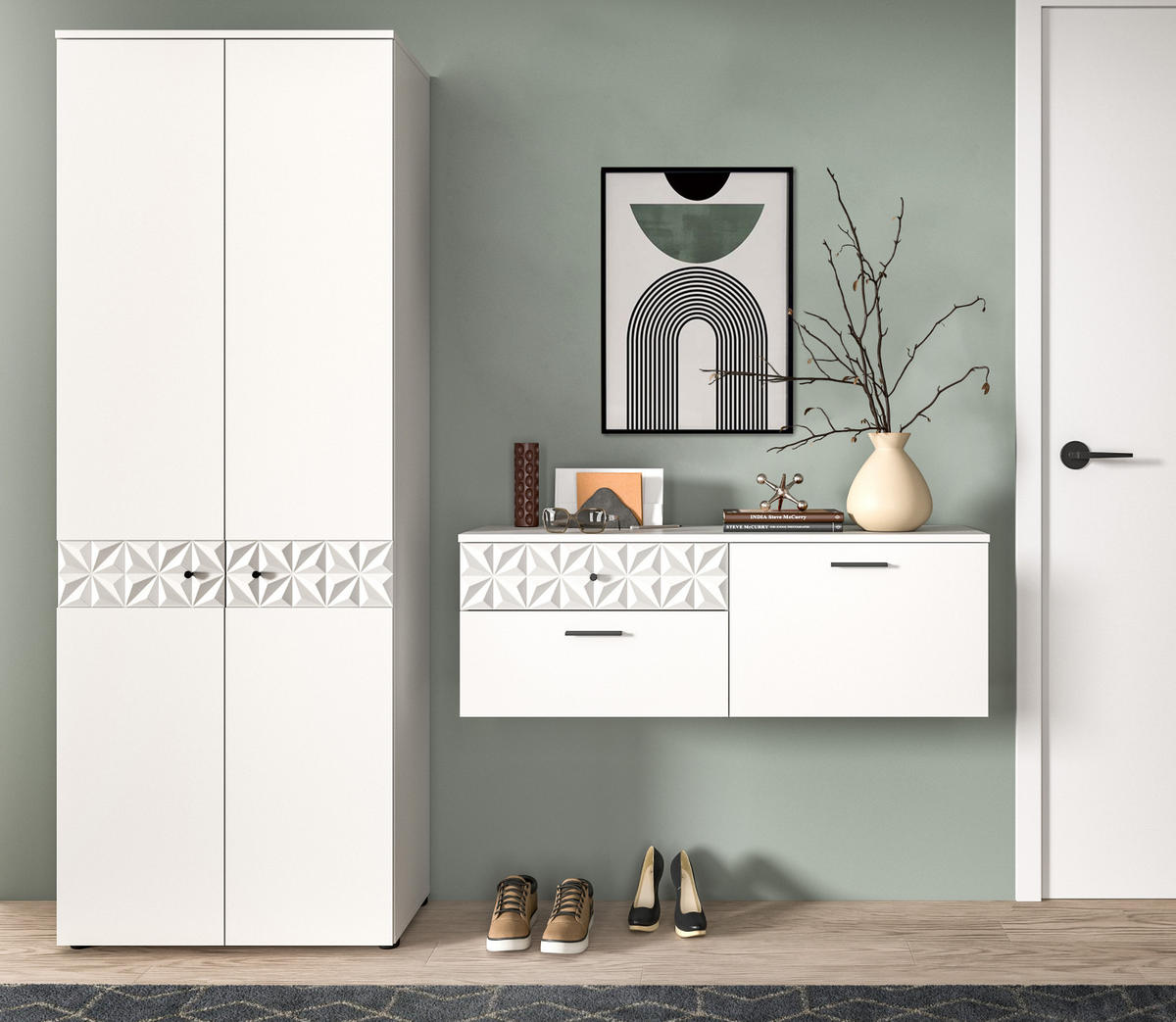 GARDEROBE Set weiß Hochglanz 195 cm, Kombination mit 3D-Struktur - Weiß Hochglanz/Schwarz, Holzwerkstoff/Kunststoff (195/192/34cm) - Inn.Furn