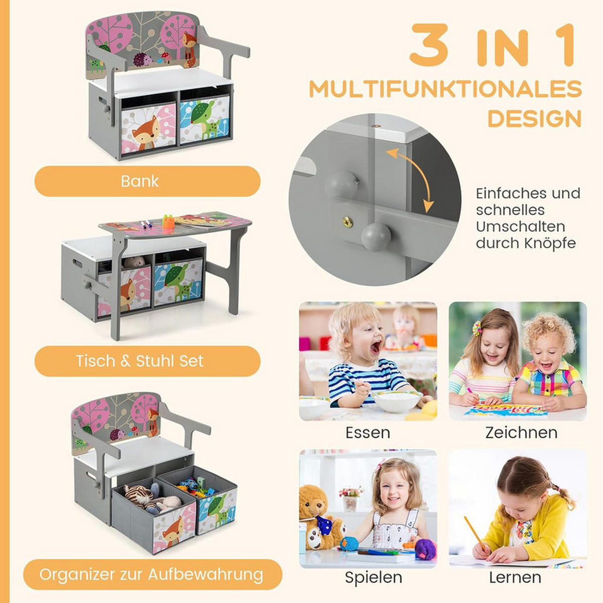 KINDERSITZBANK 3-in-1 Tisch-Sitzbank-Set grau - Grau, Holzwerkstoff (60/57/42cm) - COSTWAY