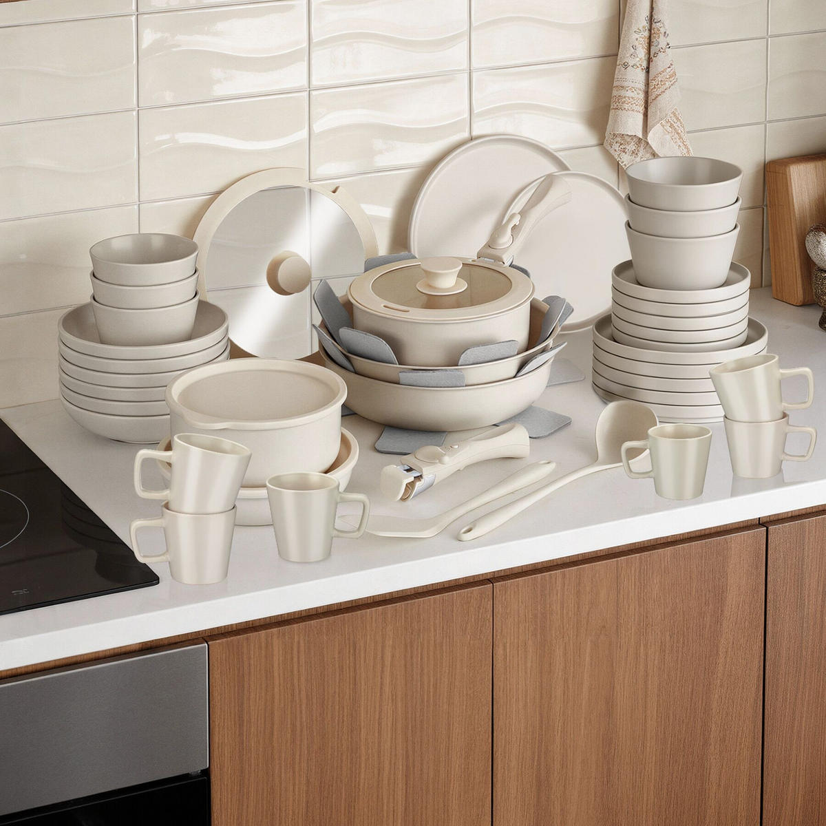 KÜCHENSTARTERSET 46er Set Una/Genua, inklusive Küchenwerkzeugen, Topfschonern und anklemmbaren Griffen, taupe/weiß - Taupe, Keramik (27.5/13/44cm) - tectake
