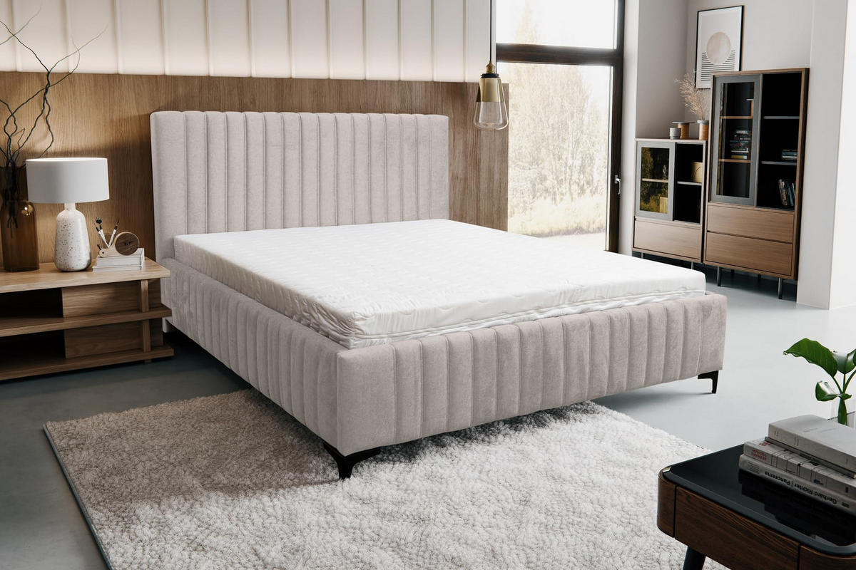POLSTERBETT QUANT mit Bettkasten Velour Stoff 180 x 200 cm - Beige, Holzwerkstoff (180/200cm) - VENASI MÖBEL