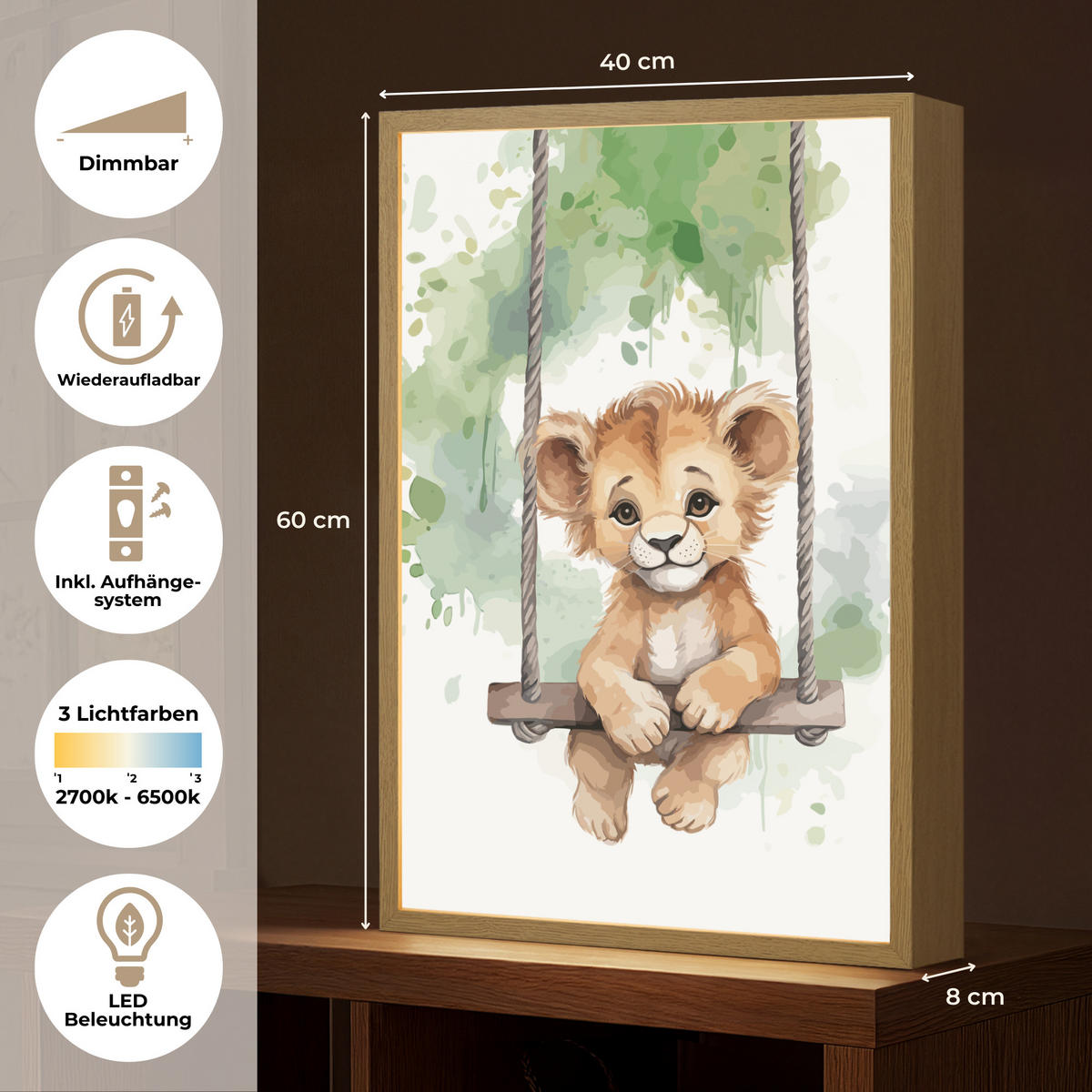NACHTTISCHLAMPE MIT AKKU Löwe - Tier - Kinder - Dschungel 40x60 cm - Weiß, Holzwerkstoff (8/40/60cm) - OnlyWow