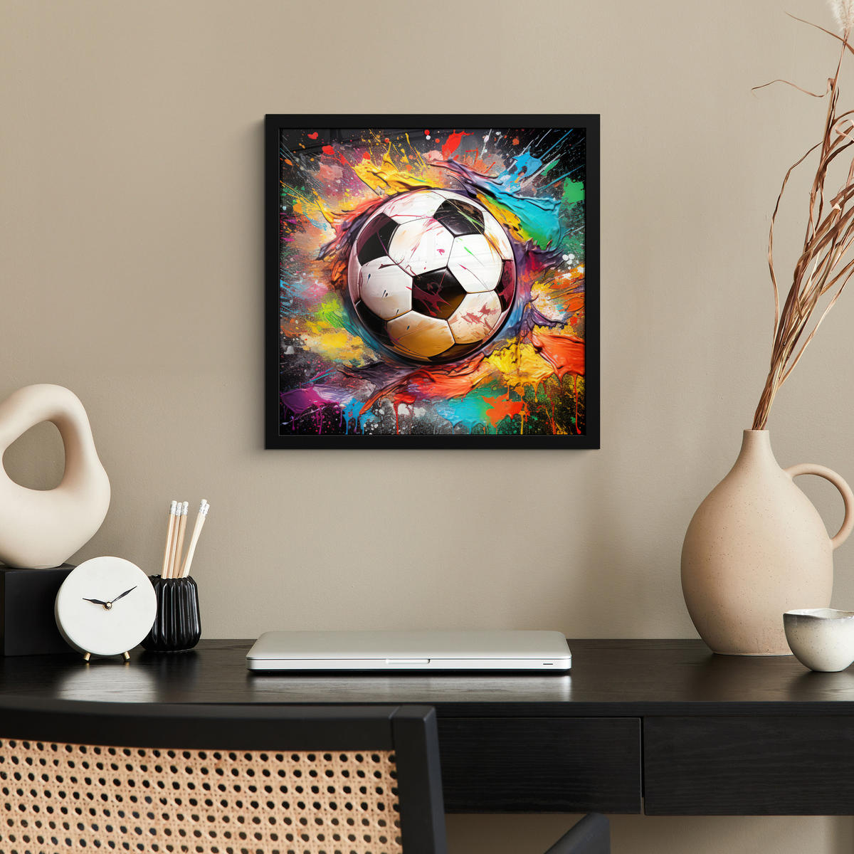POSTER MIT RAHMEN Fußball - Farbe - Farben - Schwarz - Weiß 40x40 cm - Weiß, Papier (40/40cm) - MuchoWow