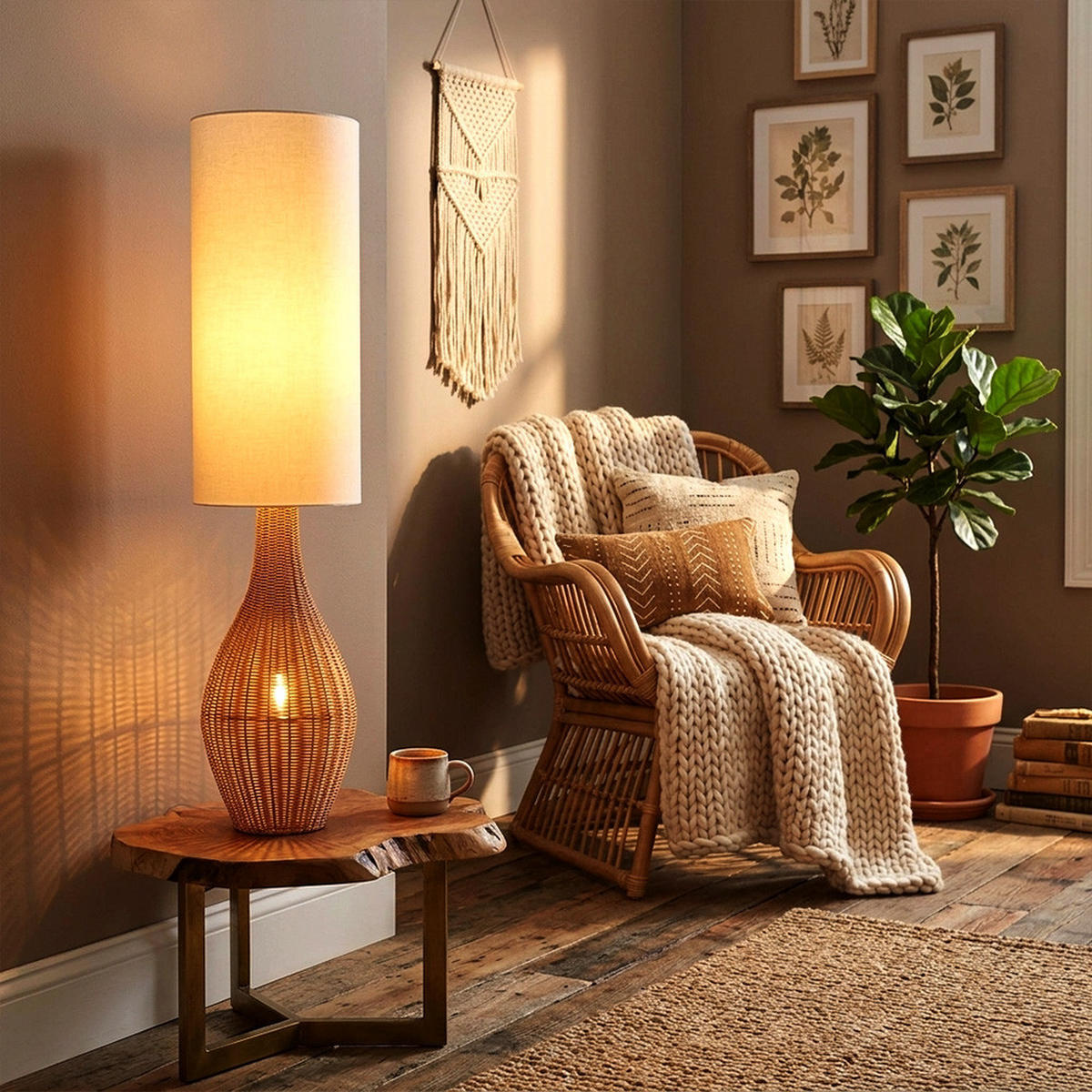 LED STEHLEUCHTE ANKO Rattan Optik Braun Weiß - Braun, Metall (27/27/125cm) - Nowa