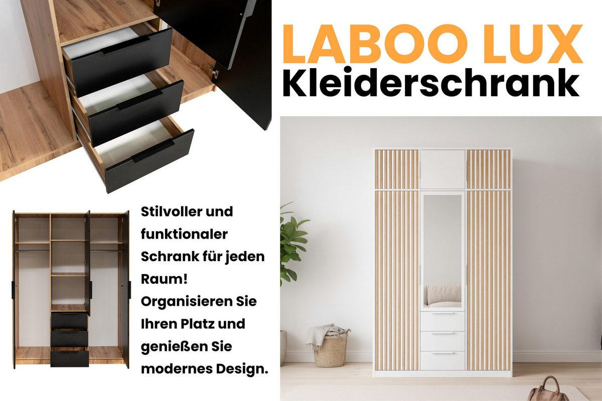 DREHTÜRENSCHRANK LABOO LUX 149/200/58 cm in Weiß mit Lamellen und Aufsatz - Weiß, Holzwerkstoff (149/245/58cm) - Deine Möbel 24