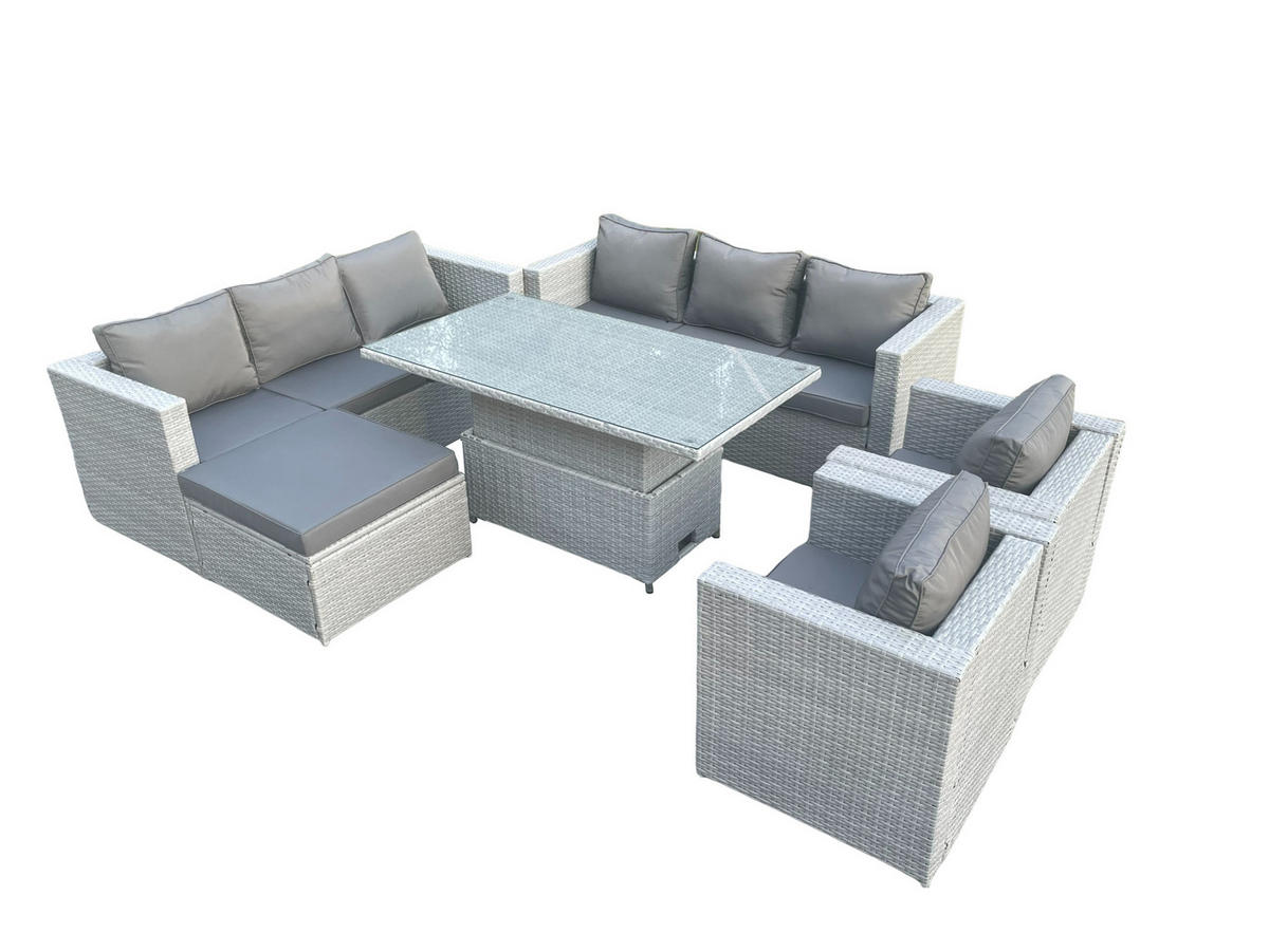 GARTENSOFA SET mit höhenverstellbarer Tisch Polyrattan Helles Grau 9-Sitzer - Hellgrau, Metall - Fimous