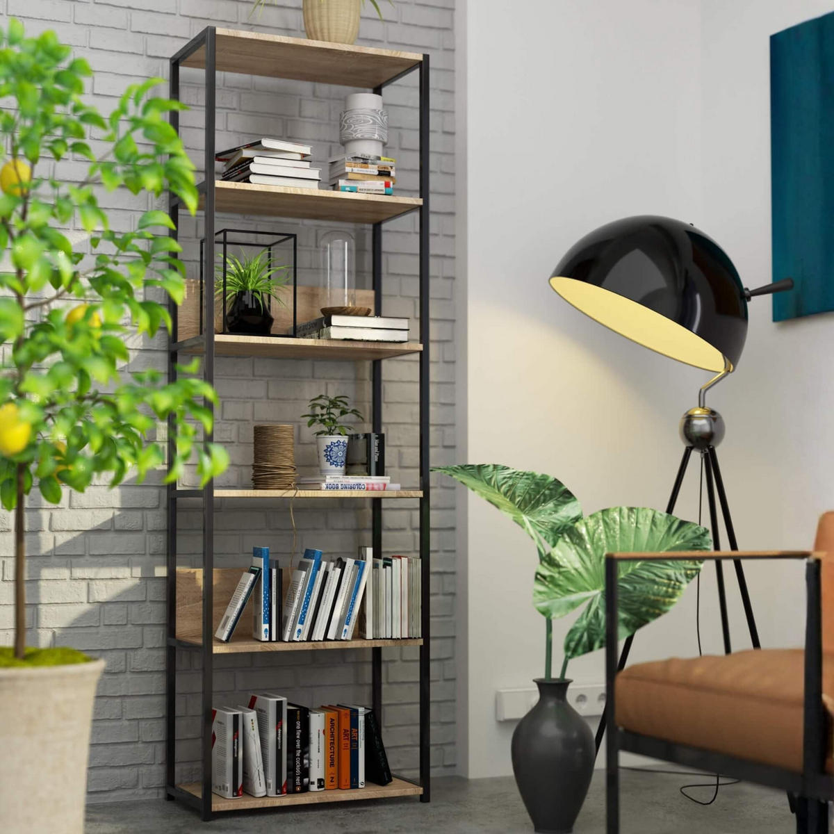 INDUSTRIEREGAL Schwarz, Sonoma Eiche 60x192x32 cm - Schwarz/Sonoma Eiche, Holzwerkstoff/Metall (60/192/32cm) - Akord