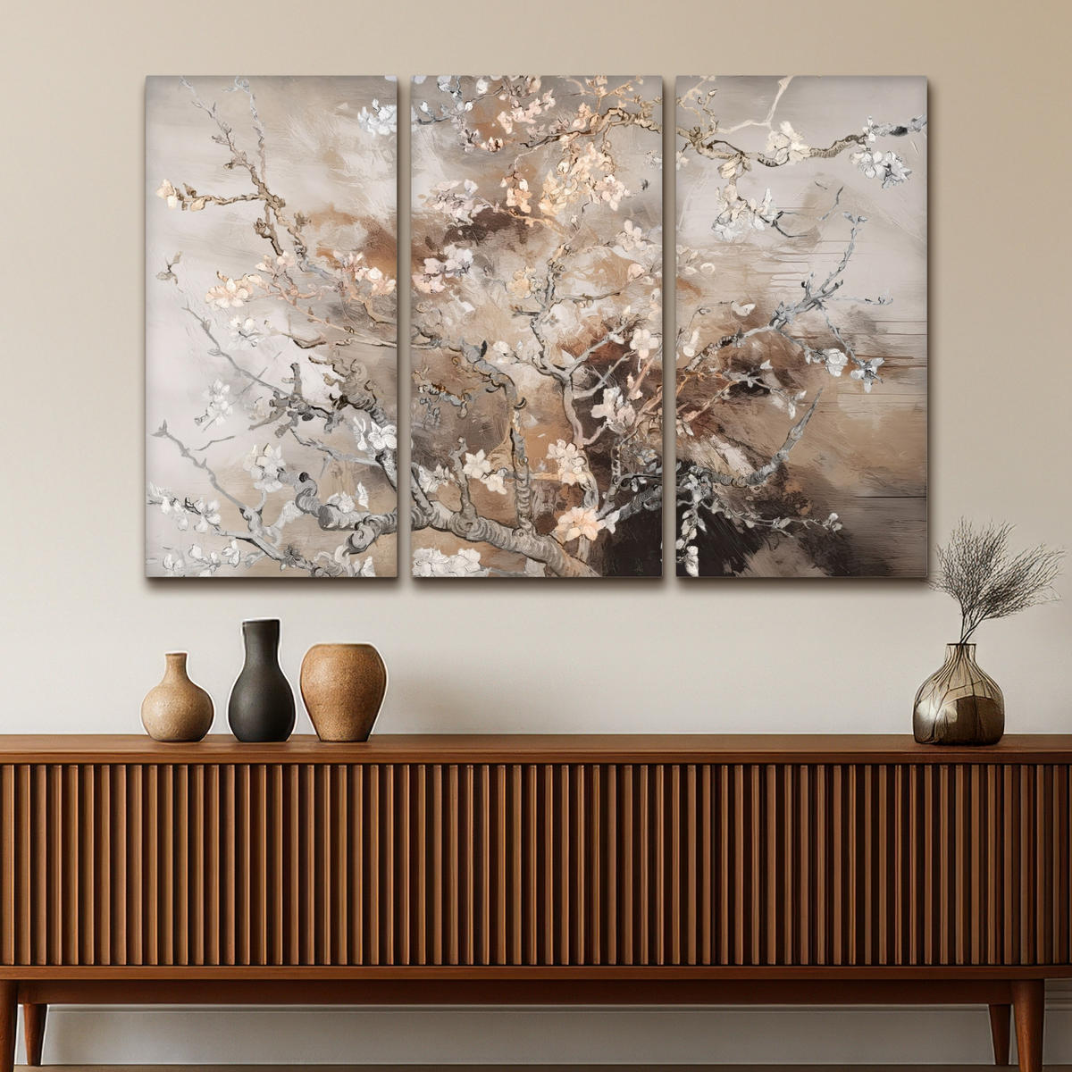 LEINWANDBILD 3er Set Mandelblüte - Abstrakt - Beige 180x120 cm - Beige, Textil (180/120cm) - MuchoWow