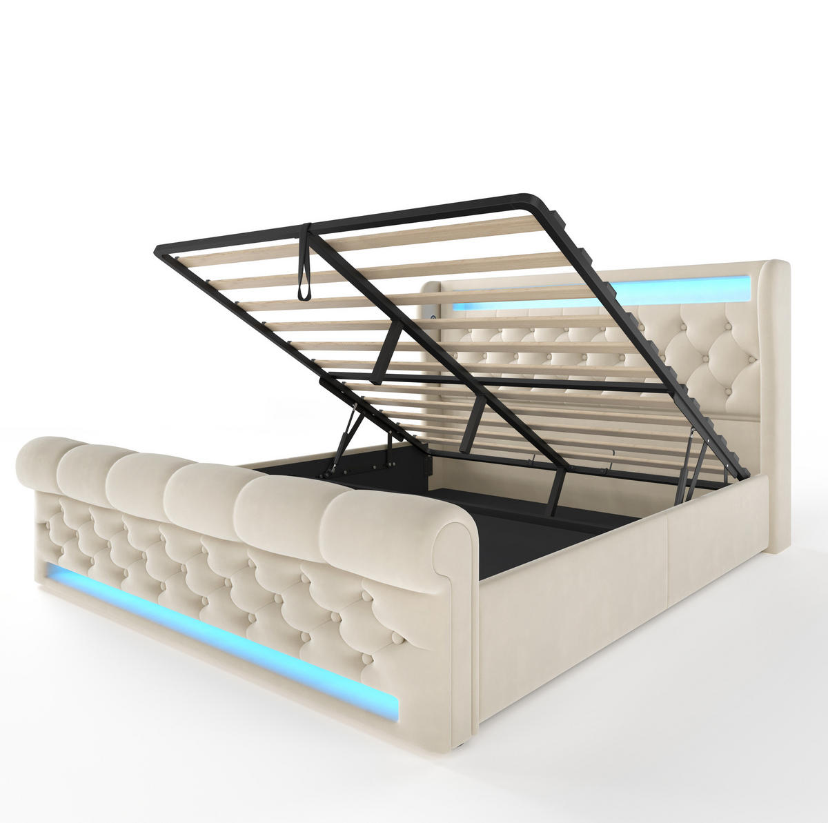 POLSTERBETT 160/200 cm Beige mit LED-Beleuchtung und USB-Anschlüssen mit Matratze - Beige, Textil (160/200cm) - OKWISH
