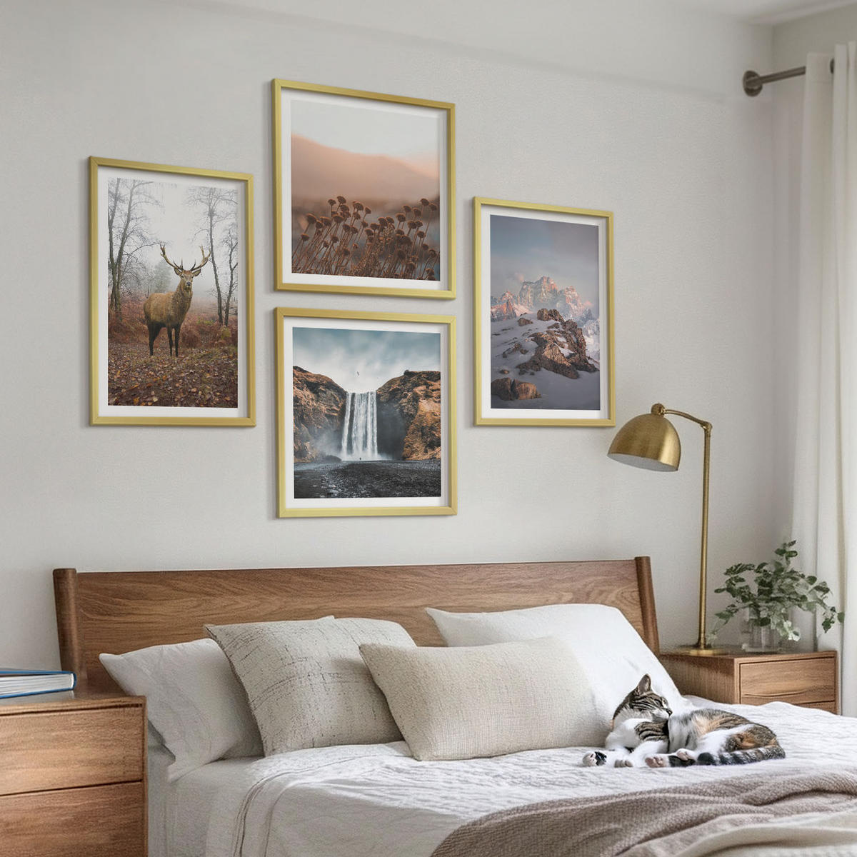 BILDER SET 4er Set - 50x50 cm & 40x60 cm Goldrahmen - Wilde Landschaften, Berge, Hirsche - Goldfarben, Kunststoff (50/50cm) - TULUP