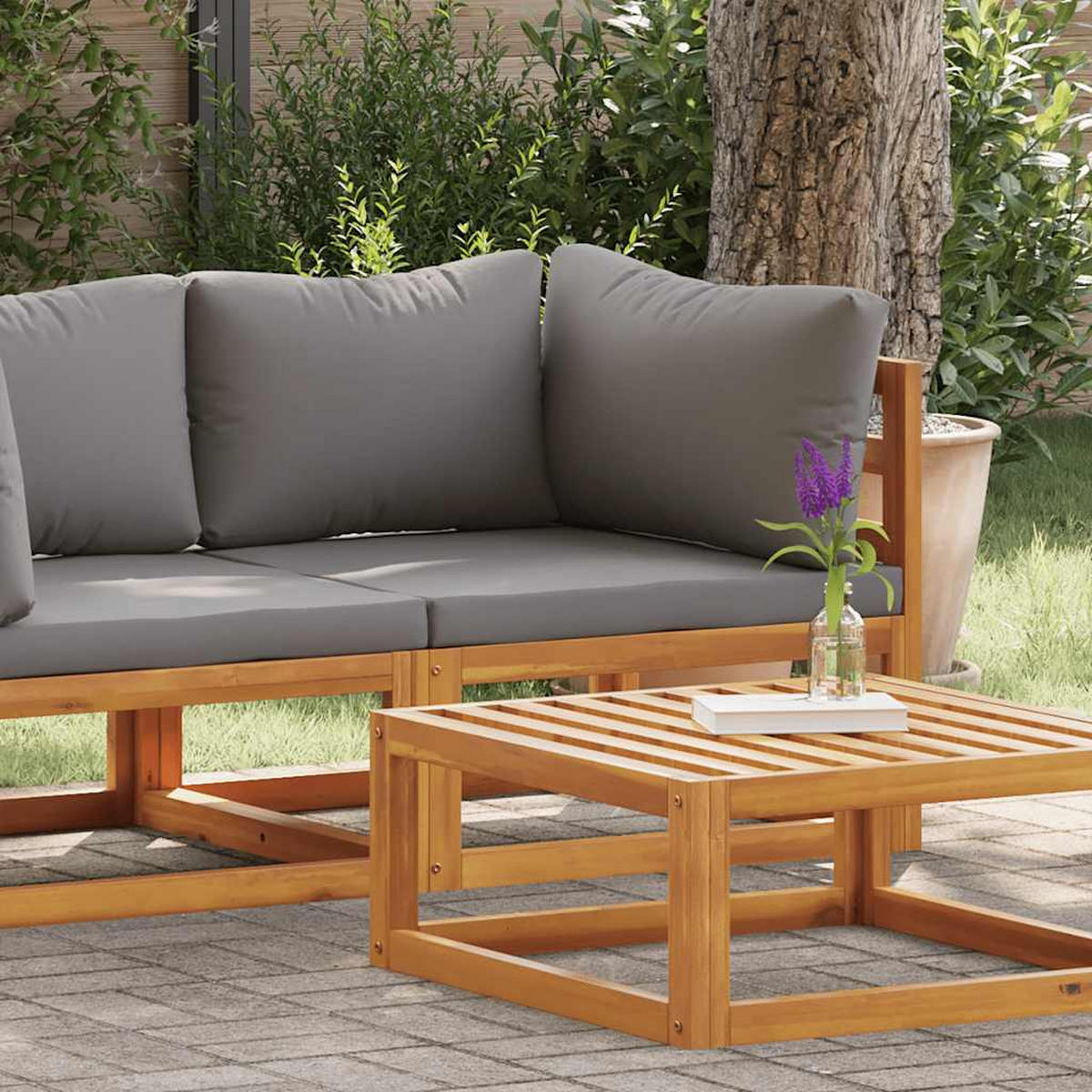 MODULAR-ECKSOFA Mit Dunkelgrauen Kissen Akazie Massivholz - Grau, Holz (70/60/70cm) - vidaXL