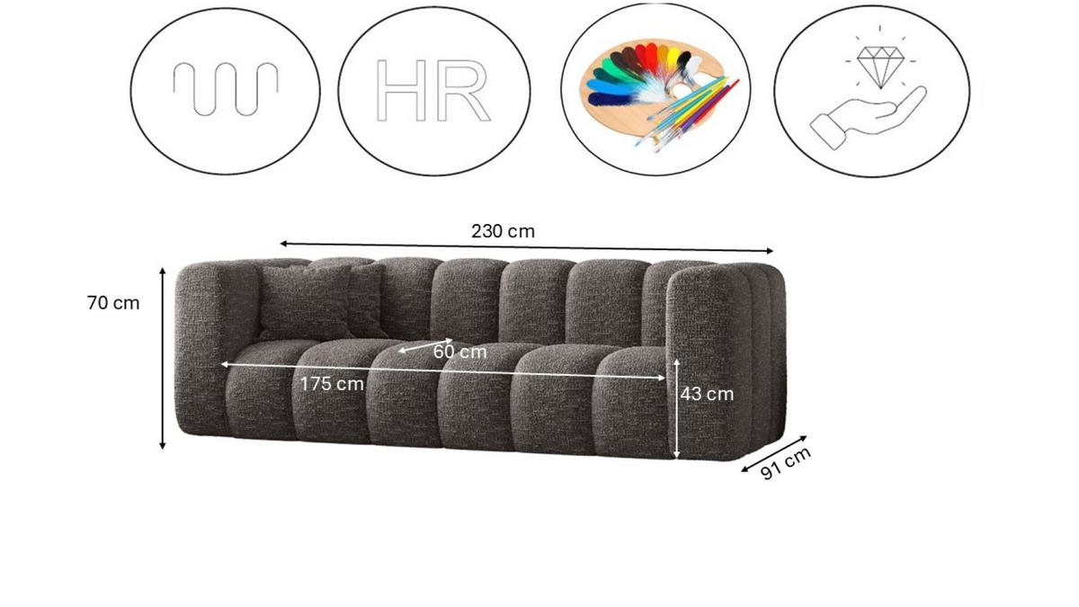COUCH Dreisitzer-Sofa Grand Modular Stoff Haga Graphit - Dunkelgrau, Holz (230/70/91cm) - Kaiser Möbel