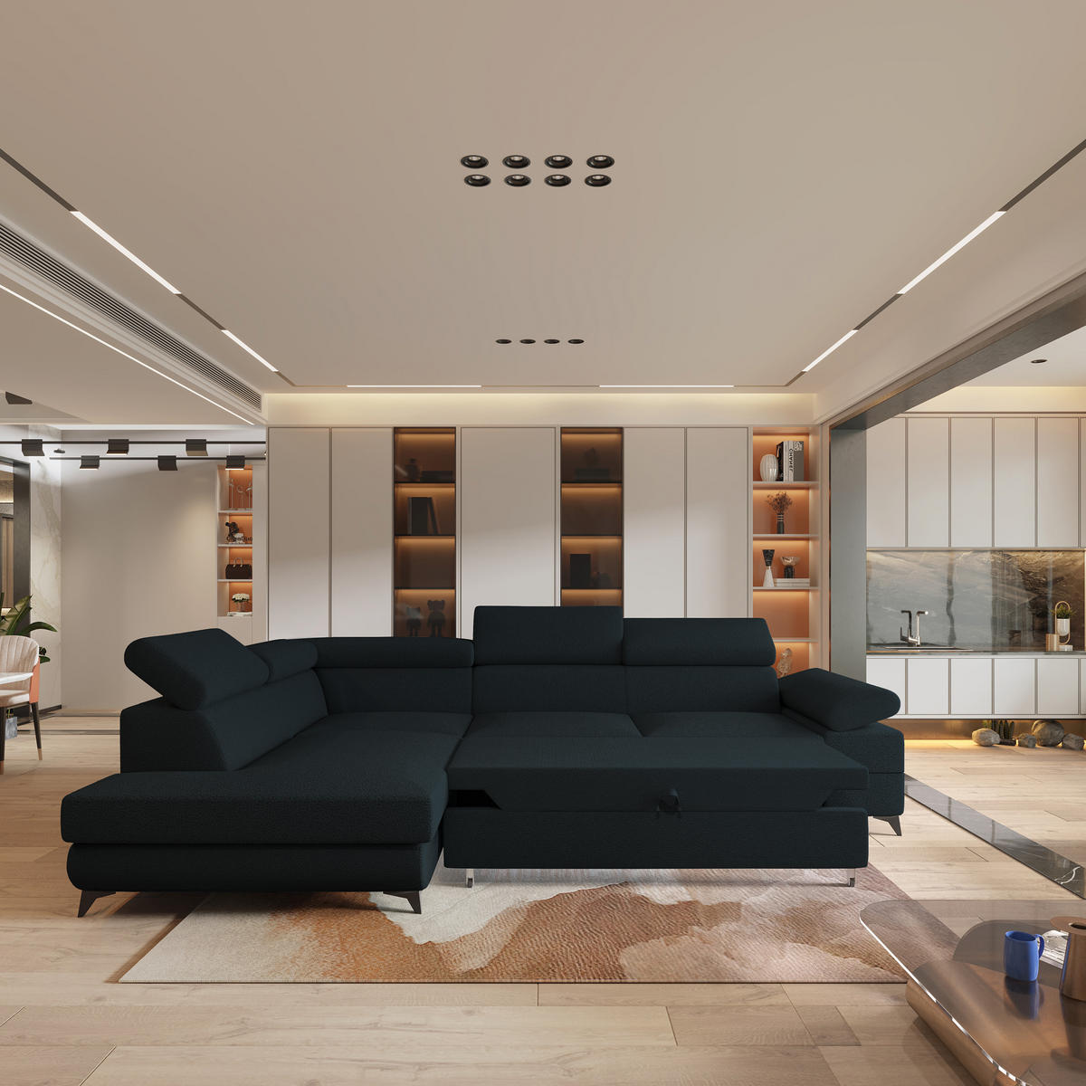 ECKSOFA FAVIEN L-S Schwarz Boucle-Stoff mit Schlaffunktion - Schwarz, Holz (257/190cm) - MASSENO