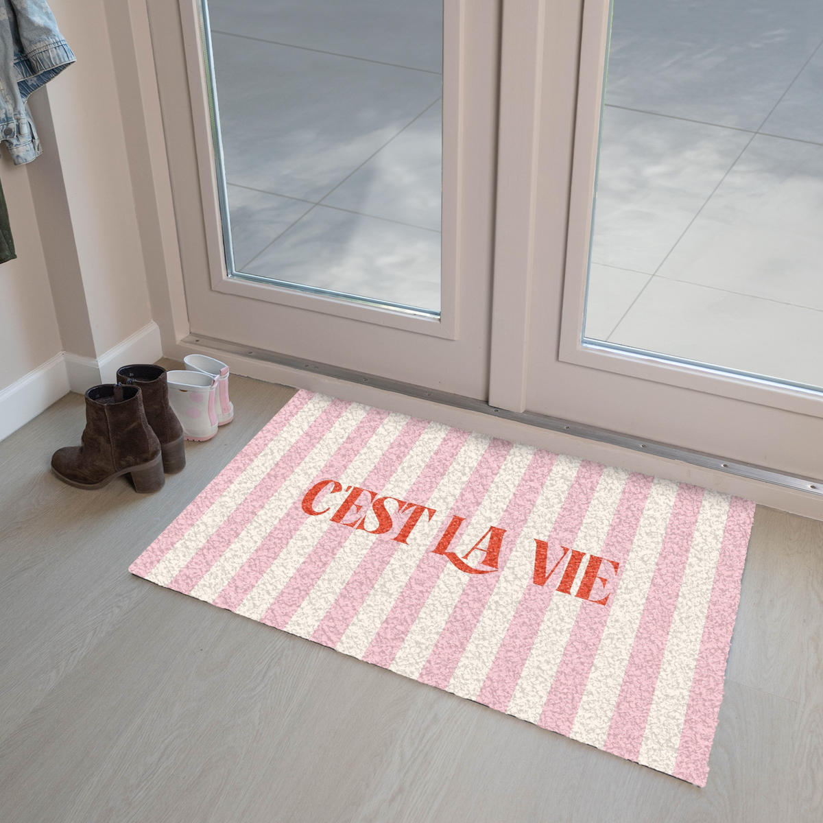 FUSSMATTE Zartrosa – Rot – Streifen – C'est La Vie 90x60 cm - Rosa, Kunststoff (90/0.4cm) - MuchoWow