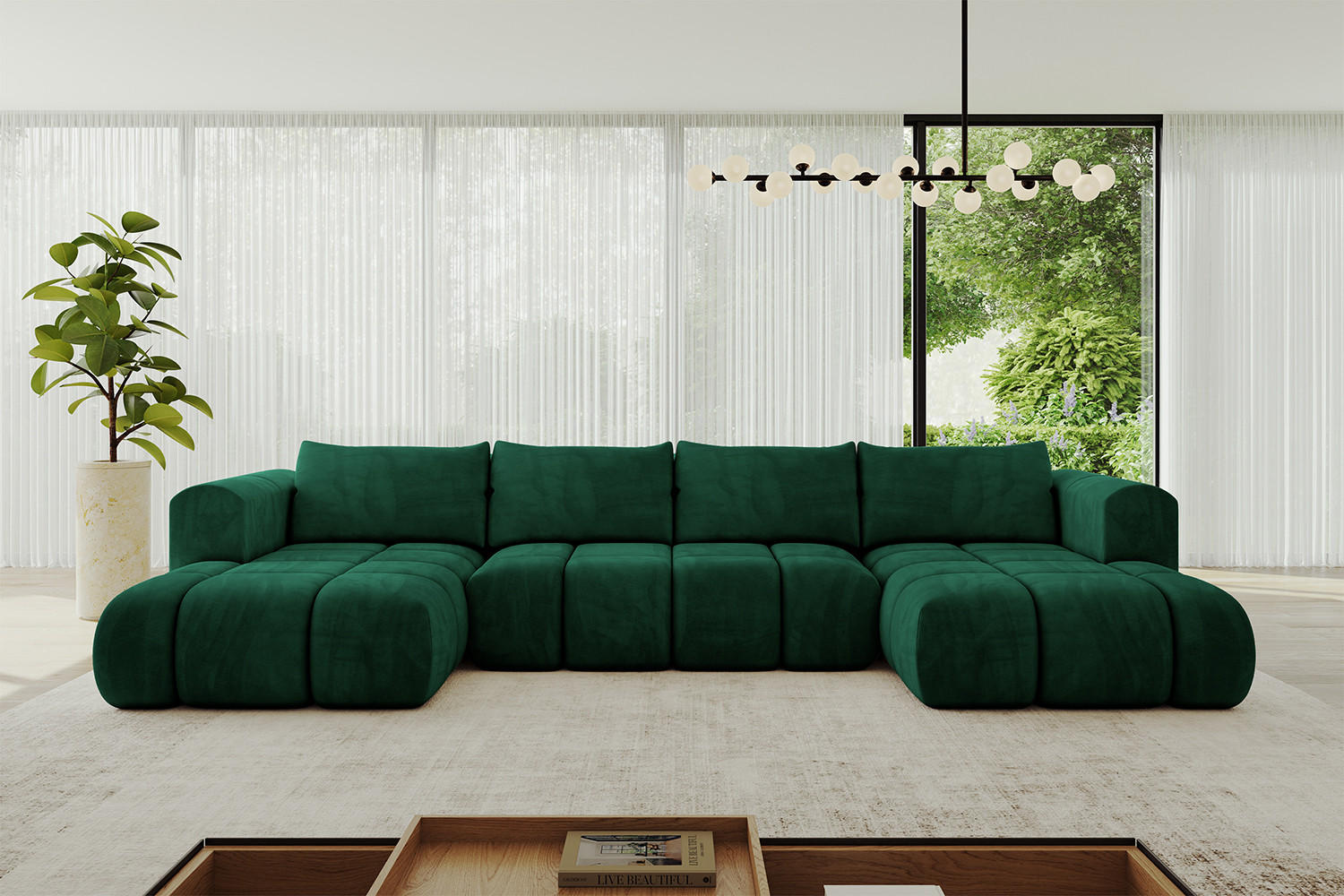 WOHNLANDSCHAFT Ottomane Links CLOUD-U 414x180x40 Dunkelgrün Velours - Dunkelgrün, Holzwerkstoff/Kunststoff (414/90/180cm) - ALTDECOR