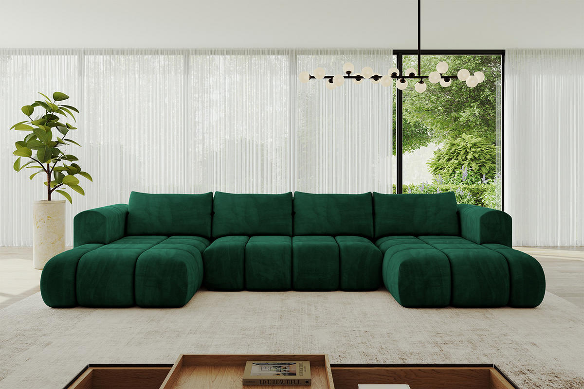 WOHNLANDSCHAFT Ottomane Links CLOUD-U 414x180x40 Dunkelgrün Velours - Dunkelgrün, Holzwerkstoff/Kunststoff (414/90/180cm) - ALTDECOR