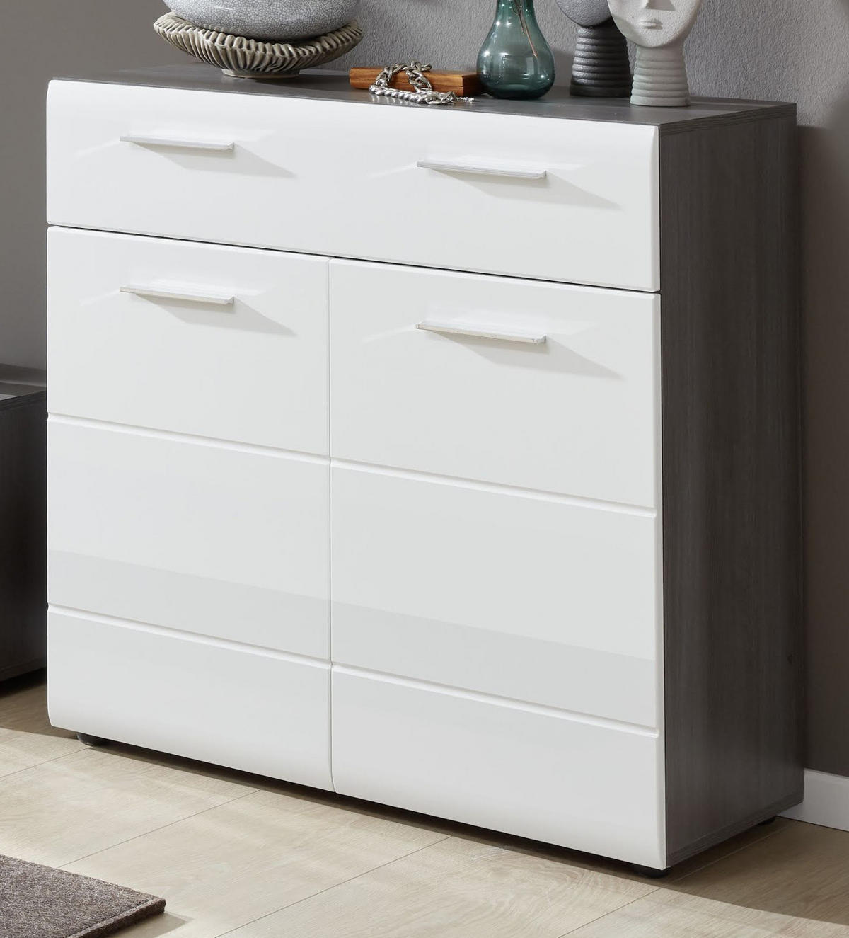 SCHUHKOMMODE Hochglanz weiß, Sardegna grau 80 x 87 cm, Flurkommode 2-türig - Weiß Hochglanz/Silberfarben, Holzwerkstoff/Kunststoff (80/87/35cm) - Top.Furn