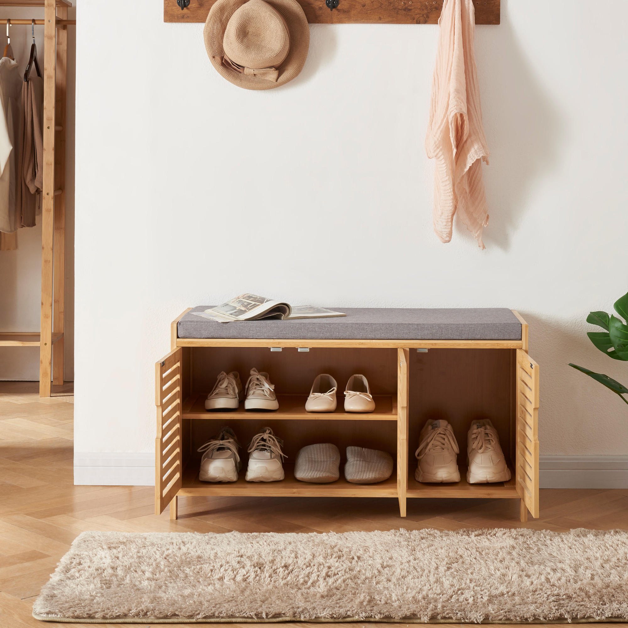 Thumbnail - [en.casa] Schuhschrank, Natur, Holz, Bambus, Rechteckig, 90x50x35 cm, Garderobe, Schuhaufbewahrung, Schuhschränke