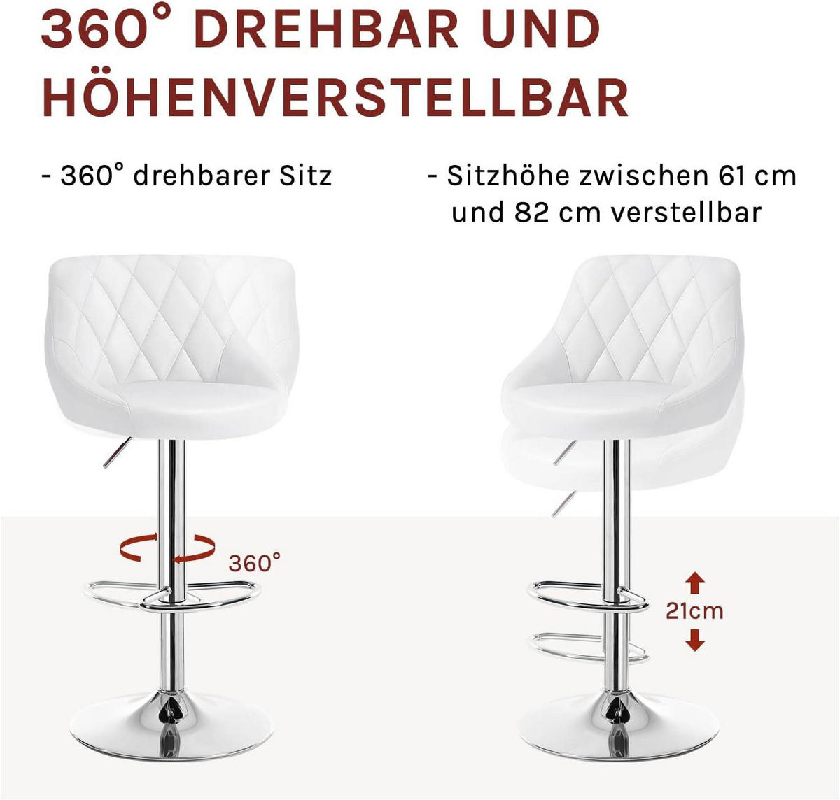 BARHOCKER, Kunstleder, Höhenverstellbar, 360° Drehbar - Weiß, Metall (47/104/39cm) - Woltu