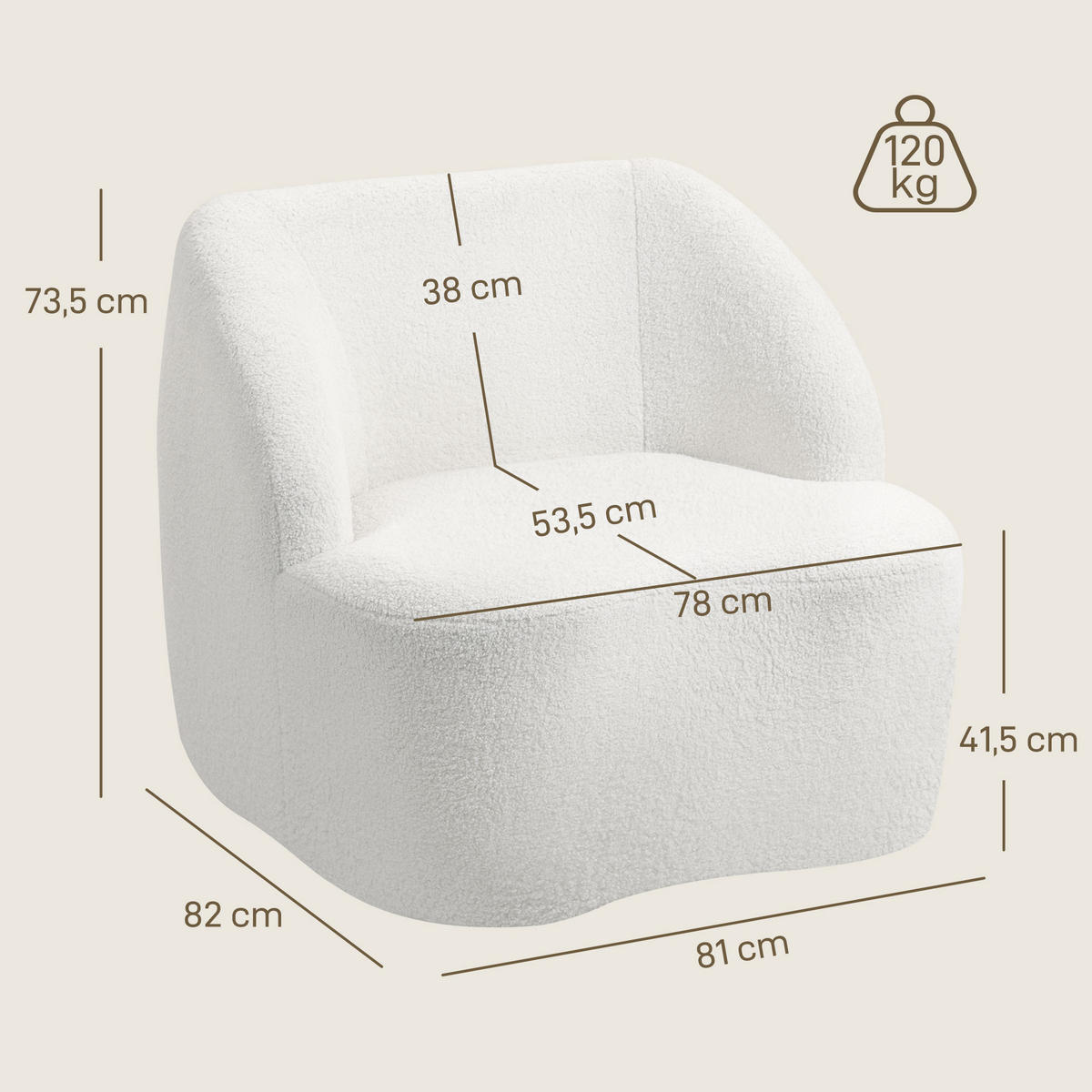 SESSEL mit Armlehnen 82L x 81B x 73,5H cm Cremeweiß - Weiß, Kunststoff (81/73.5/82cm) - HOMCOM