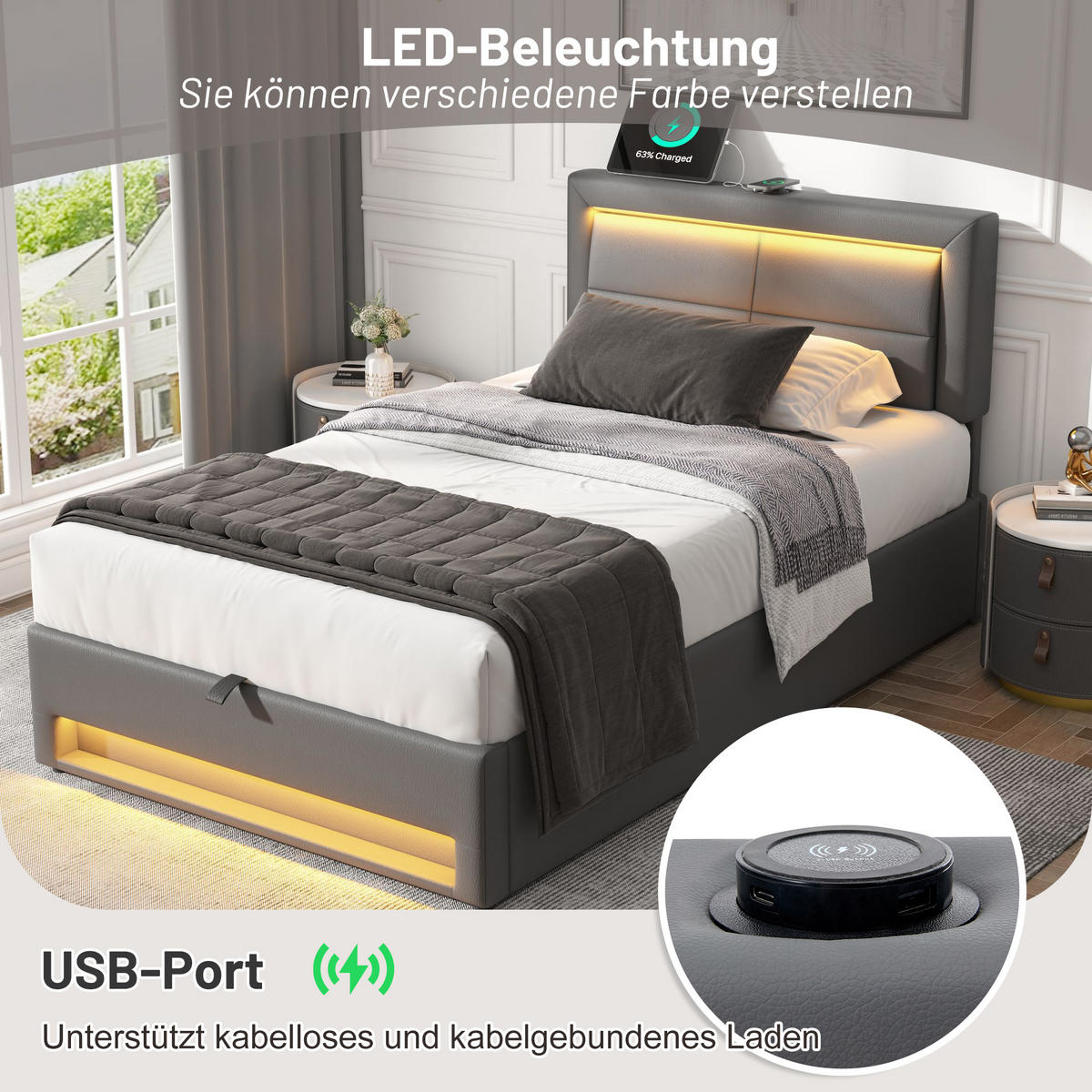 POLSTERBETT 90/200 cm Grau PU Litschi mit USB-Anschluss LED-Beleuchtung und Stauraum ohne Matratze - Grau, Kunststoff (90/200cm) - OKWISH