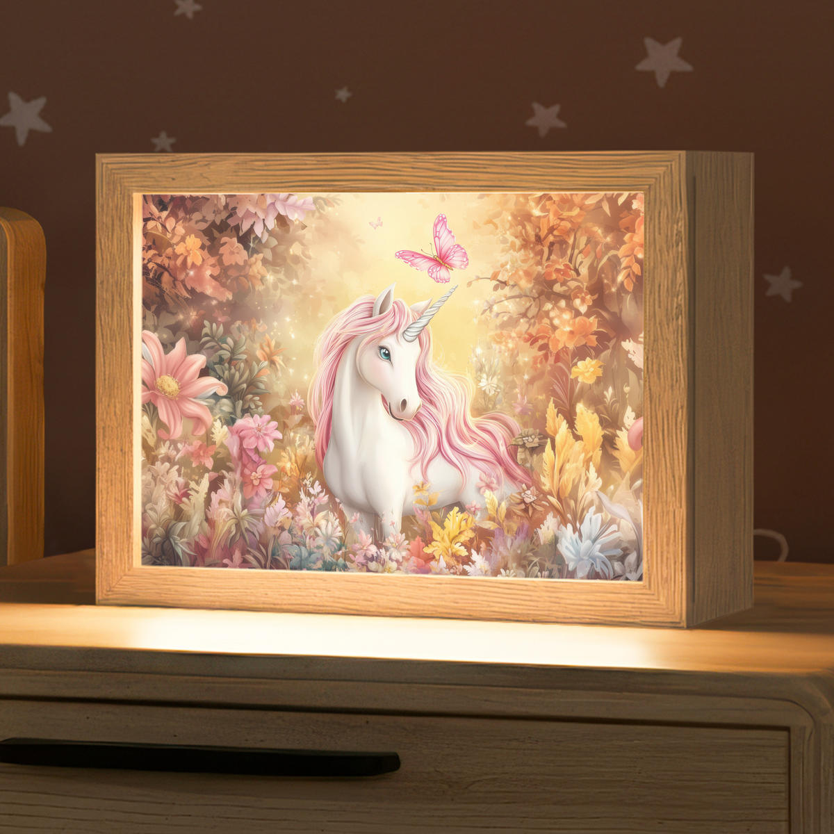 NACHTTISCHLAMPE Einhorn - Blumen - Schmetterling - Rosa 20x15 cm - Beige, Holzwerkstoff (8/20/15cm)