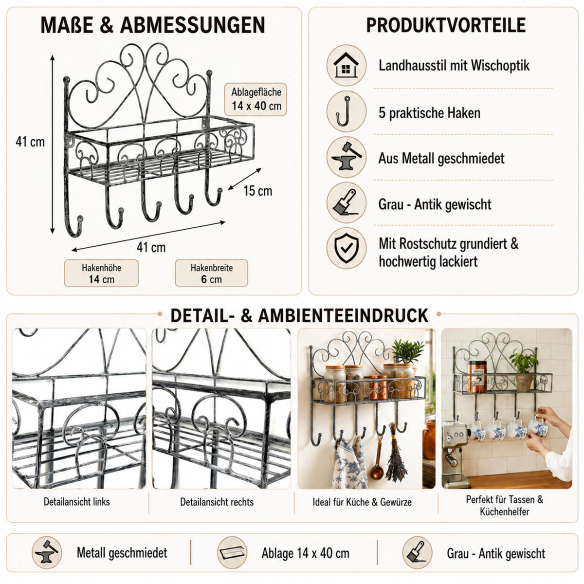 WANDREGAL mit 5 Haken Metall Grau 41 cm 96010 - Grau, Metall (41/41/15cm) - DanDiBo