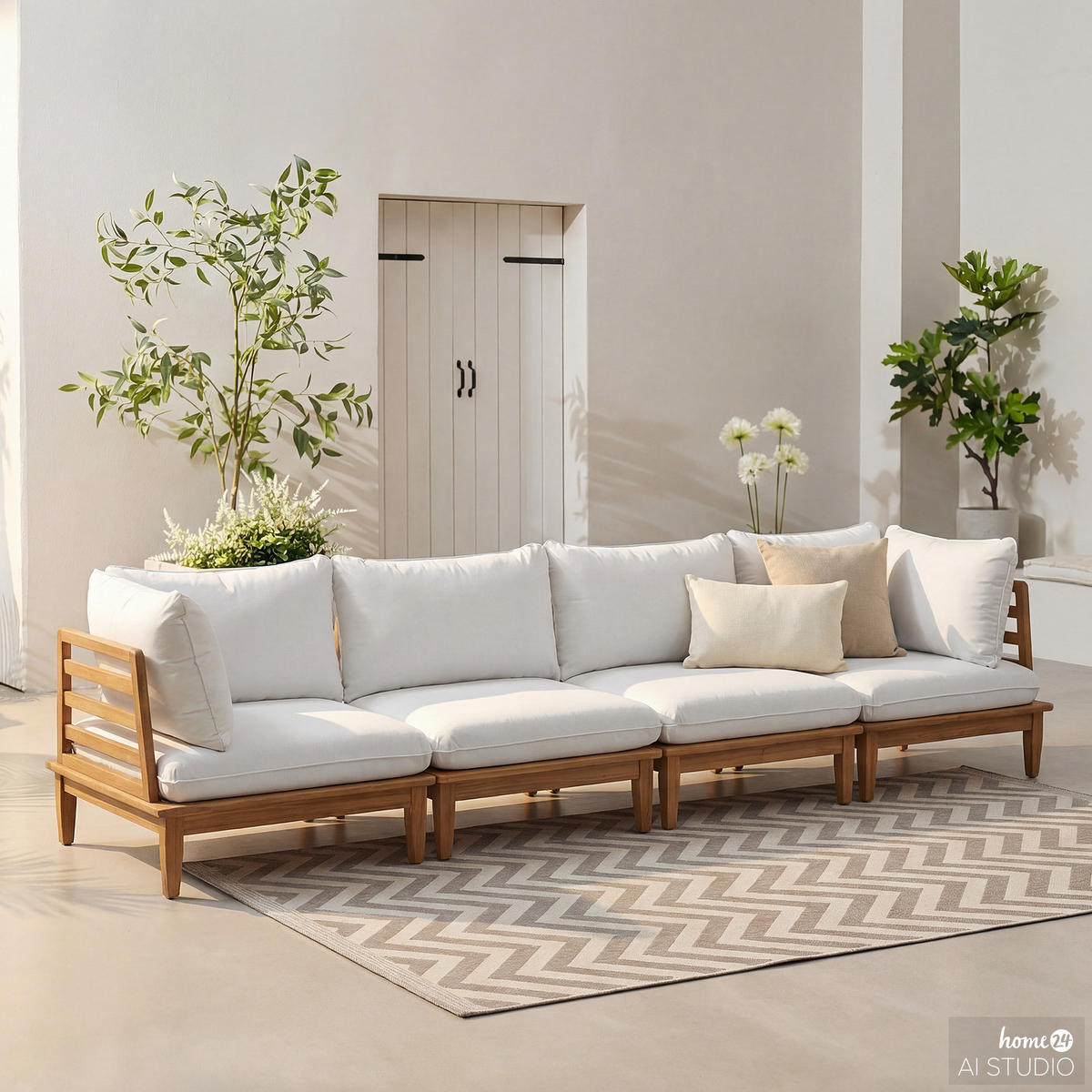 LOUNGEGRUPPE - 4-teilig - Akazie massiv / Webstoff - Akazie Braun / Creme - Creme/Akaziefarben, Holz/Textil - home24