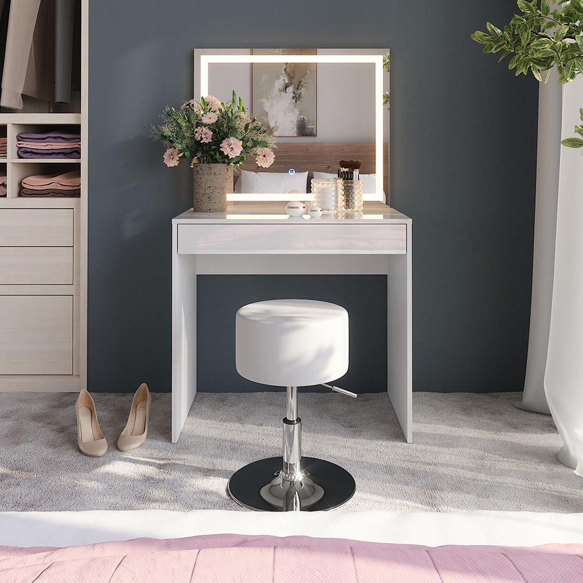 SCHMINKTISCH Sherry Weiß/Weiß Hochglanz 81.4 cm mit LED-Spiegel und Hocker - Weiß Hochglanz, Holzwerkstoff (81.4/76/50.1cm) - Vicco