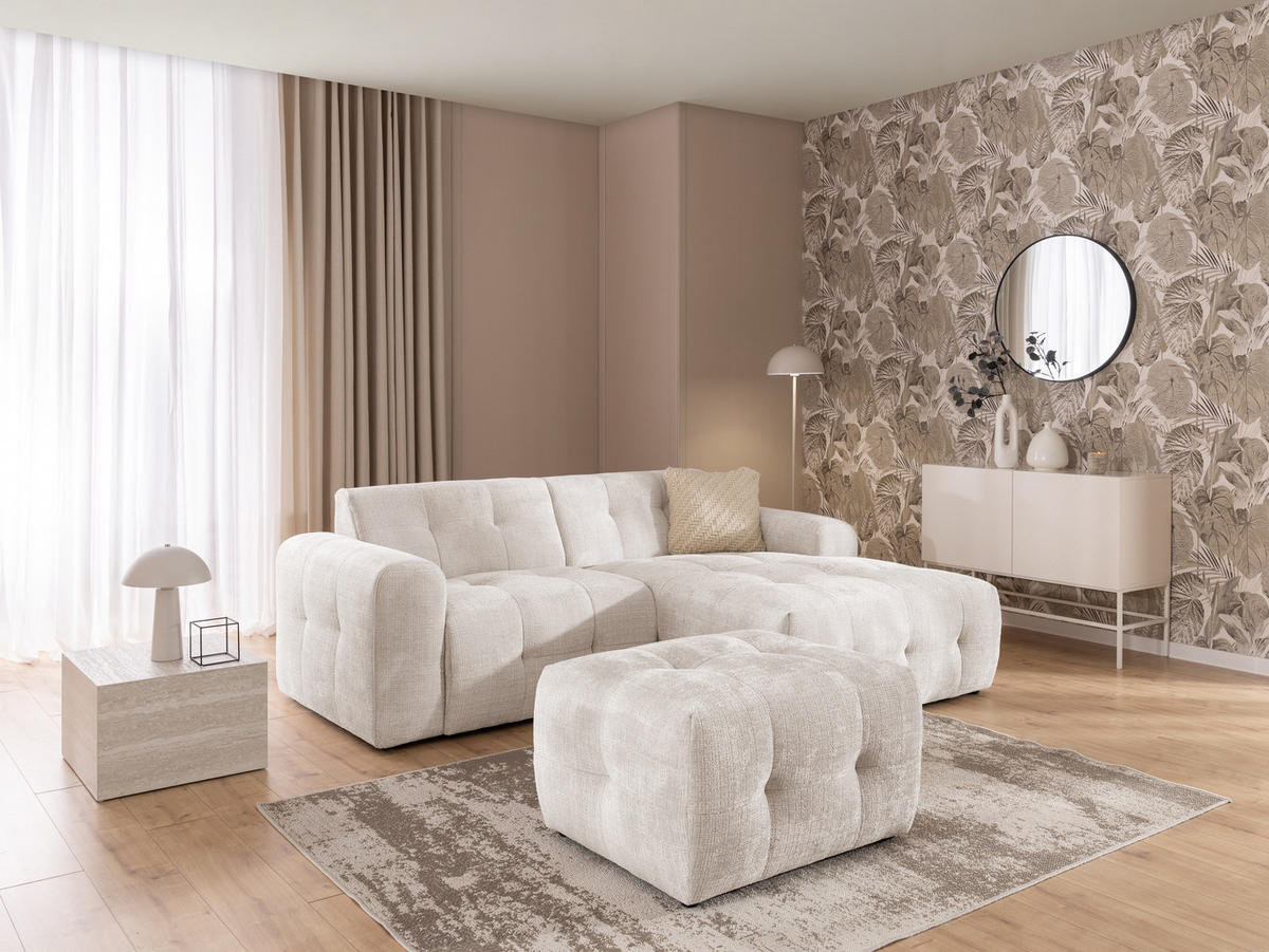ECKSOFA inkl. Hocker Kozy im Bumpy-Design mit Schlaffunktion und fester Rückenlehne aus weichem Beige Chenille-Stoff - Ottomane rechts - Beige/Creme, Holz/Kunststoff (234/161cm) - S-Style Möbel
