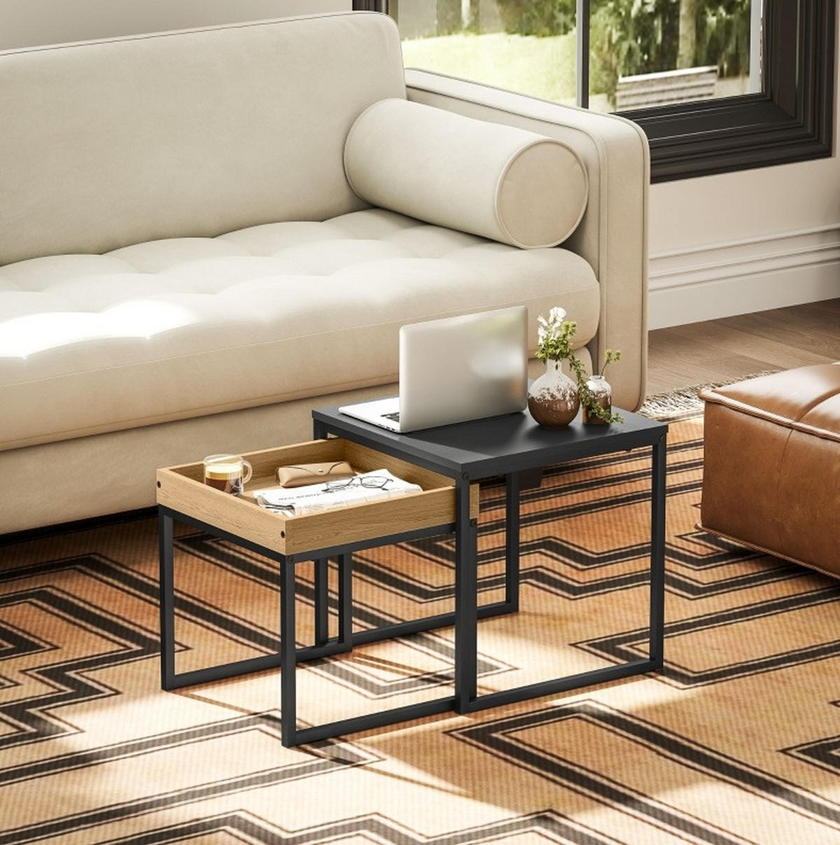 COUCHTISCH 45/45/45 cm und 40/40/40 cm aus Stahl in Schwarz mit Tablett - Schwarz, Metall (45/45/45cm) - OKMYHOME