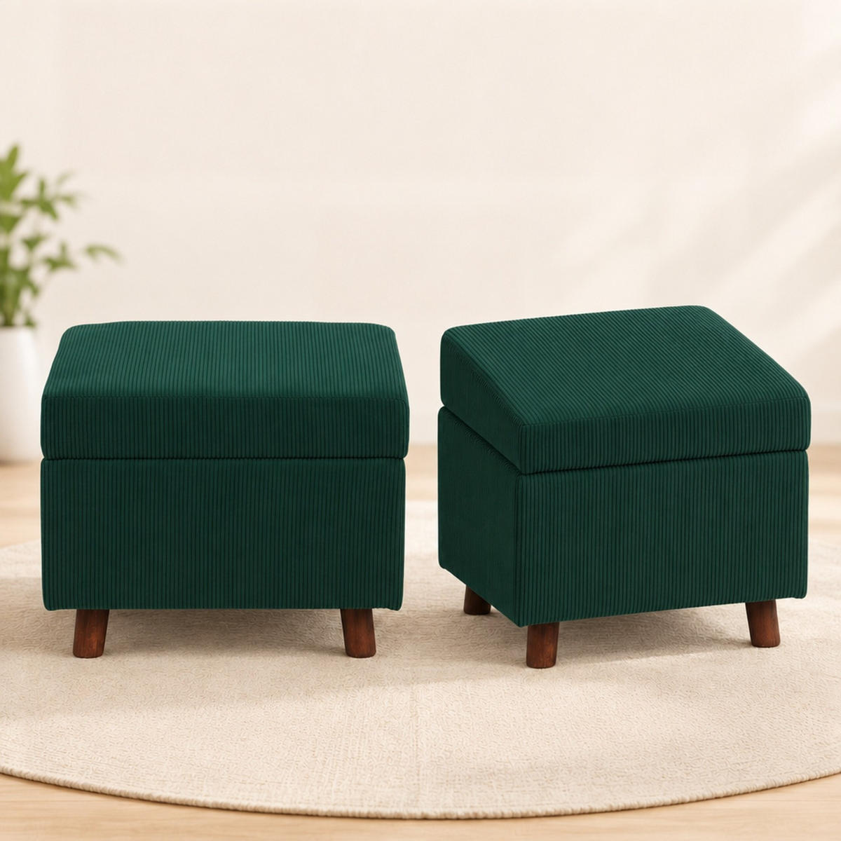 TABURET Tmavě zelený manšestr s úložným prostorem 40 cm - tmavě zelená, dřevo/kompozitní dřevo (46/40/40cm) - Relaxdays