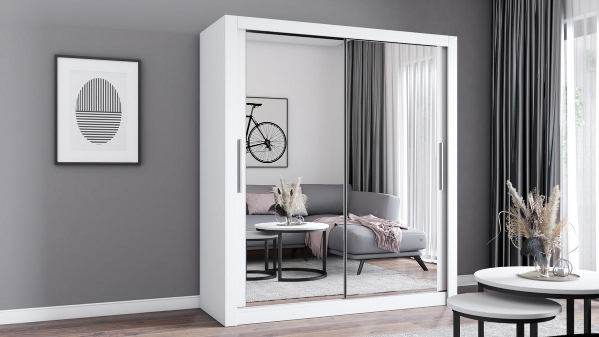 SCHIEBETÜRENSCHRANK - Milko 180 Weiß - Weiß, Holzwerkstoff/Metall (180/215/64cm) - Möblo