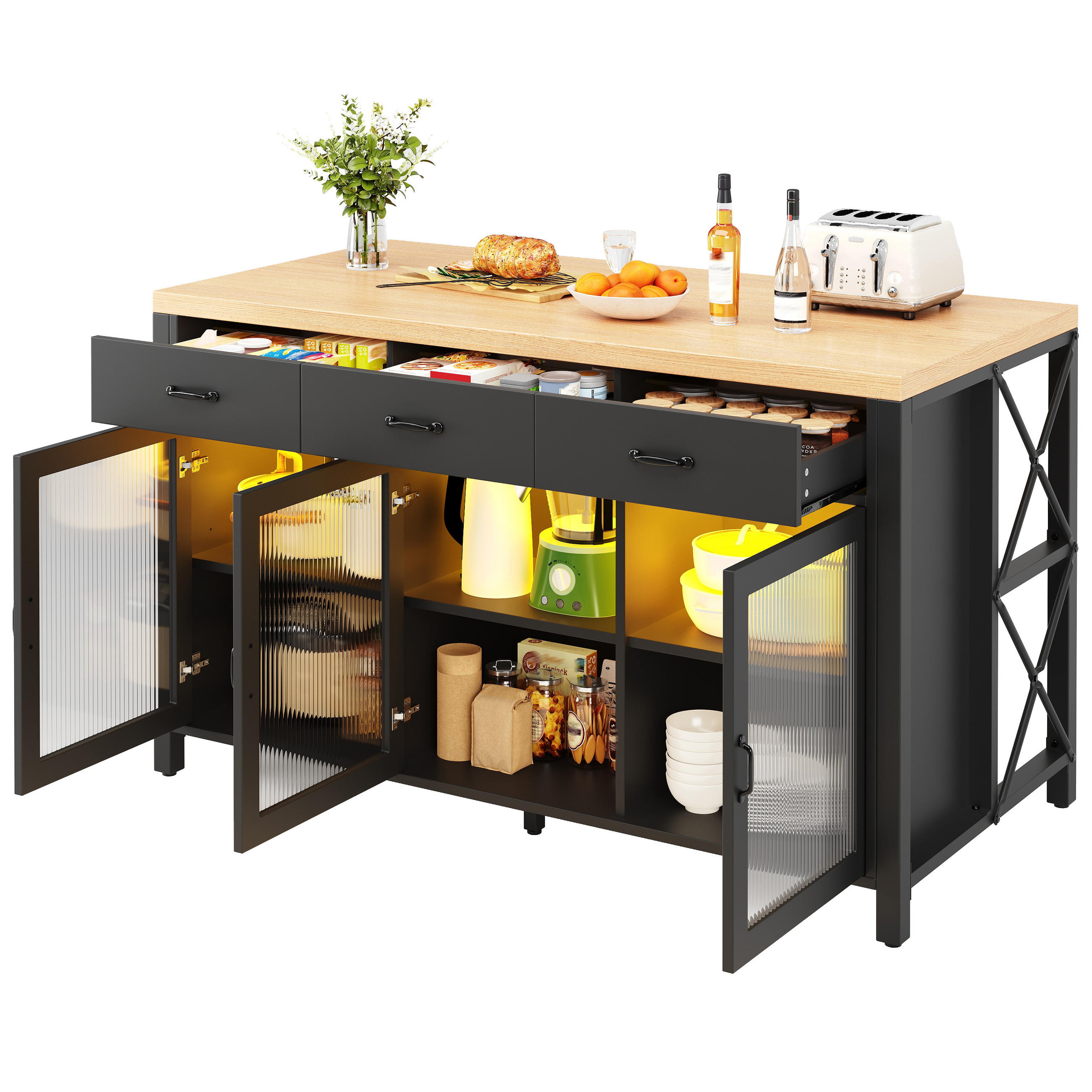 KÜCHENINSEL 150/80/90 cm Schwarz mit 3 Schubladen, 3 Glastüren und Verstellbare Füße - Schwarz, Holz/Holzwerkstoff (150/90/80cm) - Oxeza