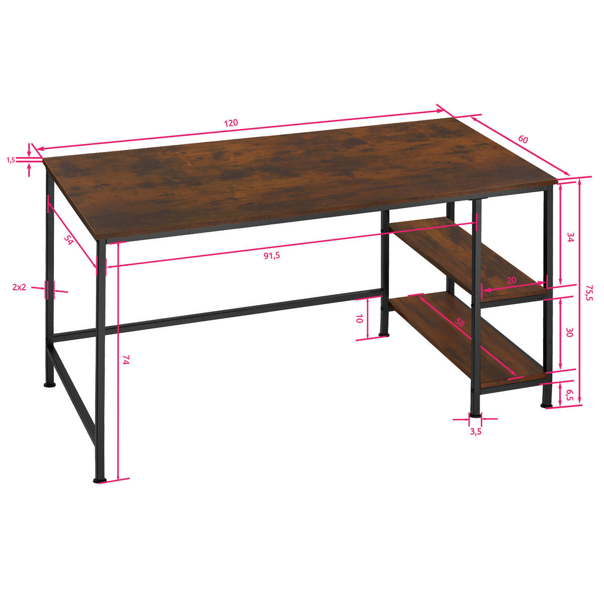 COMPUTERTISCH Canton,120 x 60 x 75,5 cm,Industrial Holz dunkel, rustikal - Rostfarben, Holzwerkstoff (120/60/75.5cm) - tectake