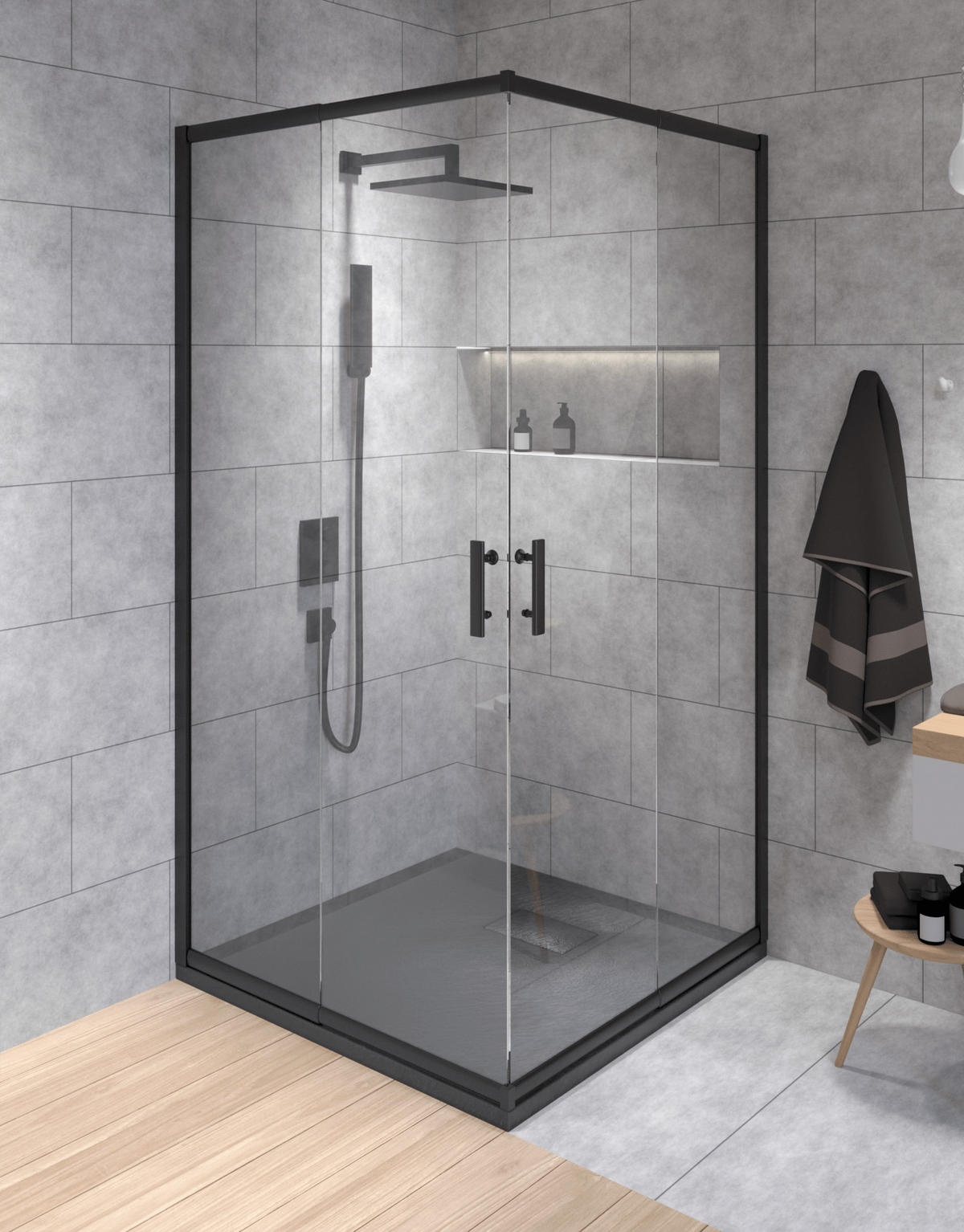 DUSCHSET Hela Vidar Schwarz/Transparent, 2-teilig, quadratisch, 80/80/193 cm - Schwarz, Glas (80/80/193cm) - bad land