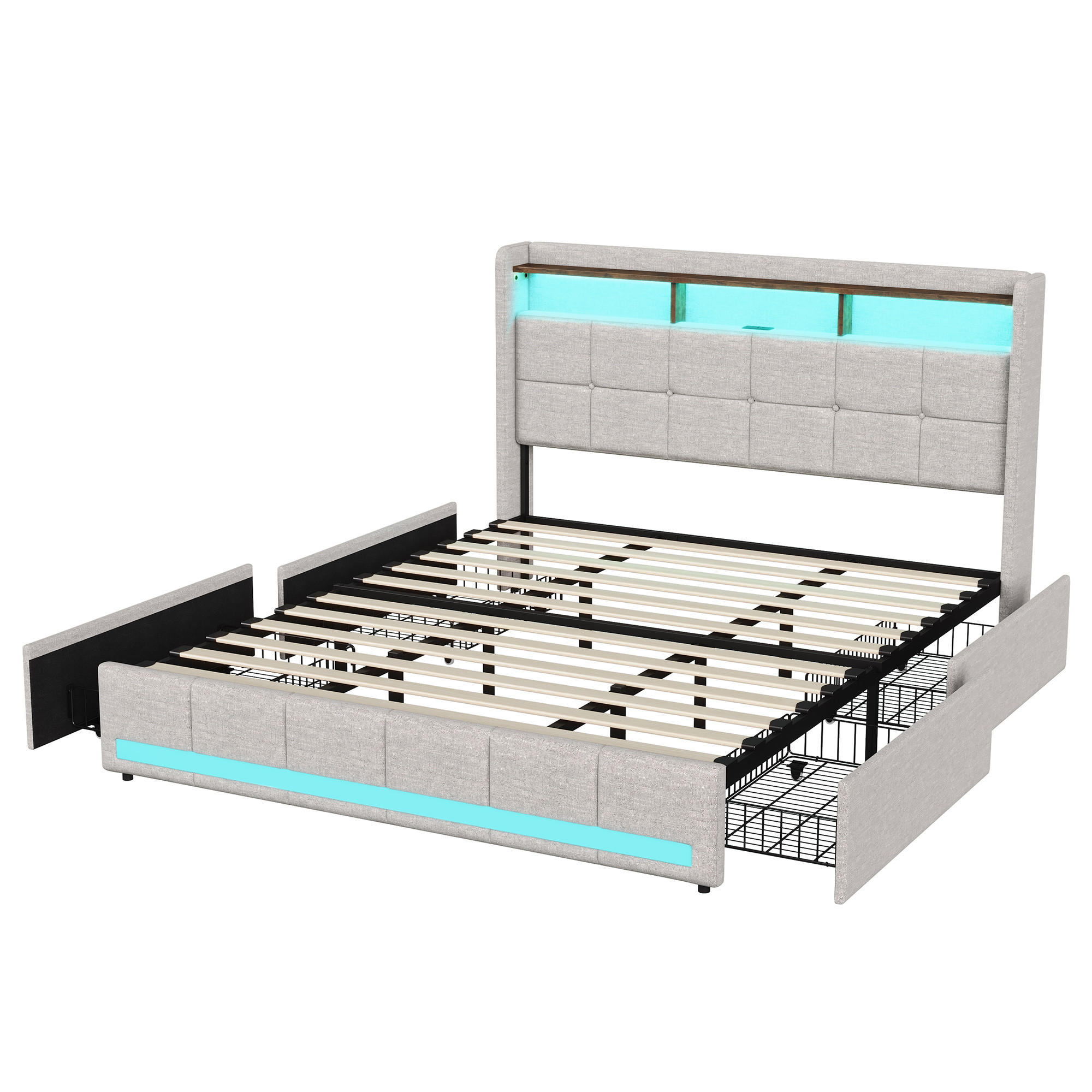 POLSTERBETT 180x200 cm LED USB Schubladen Stauraum beige - Beige, Holz (180/200cm) - LEBENLANG