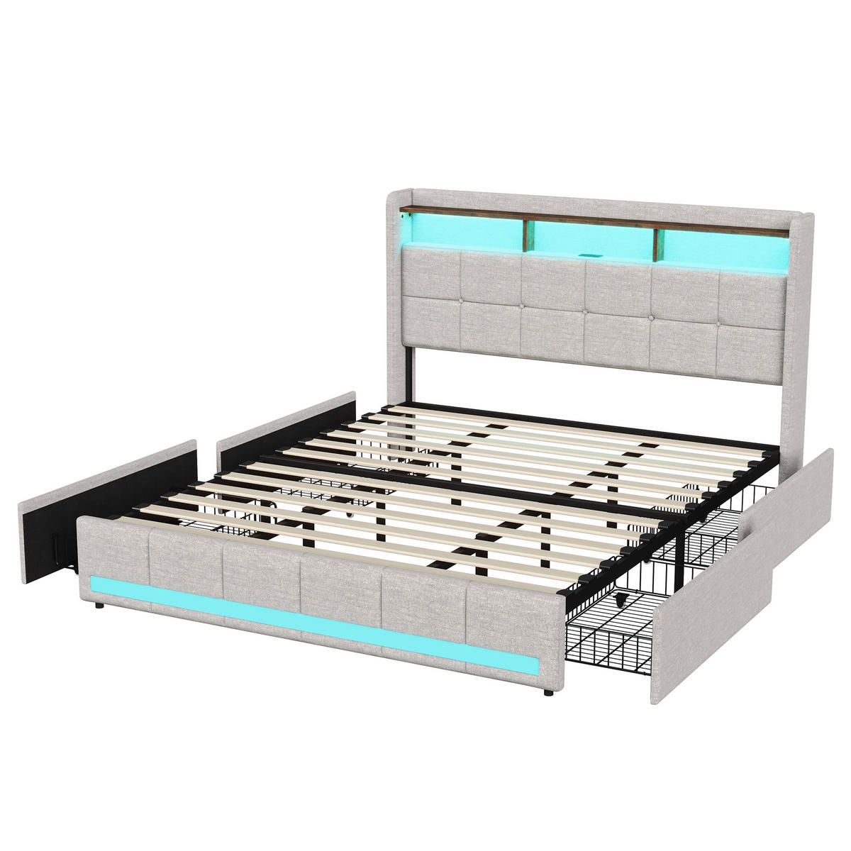 POLSTERBETT 180x200 cm LED USB Schubladen Stauraum beige - Beige, Holz (180/200cm) - LEBENLANG