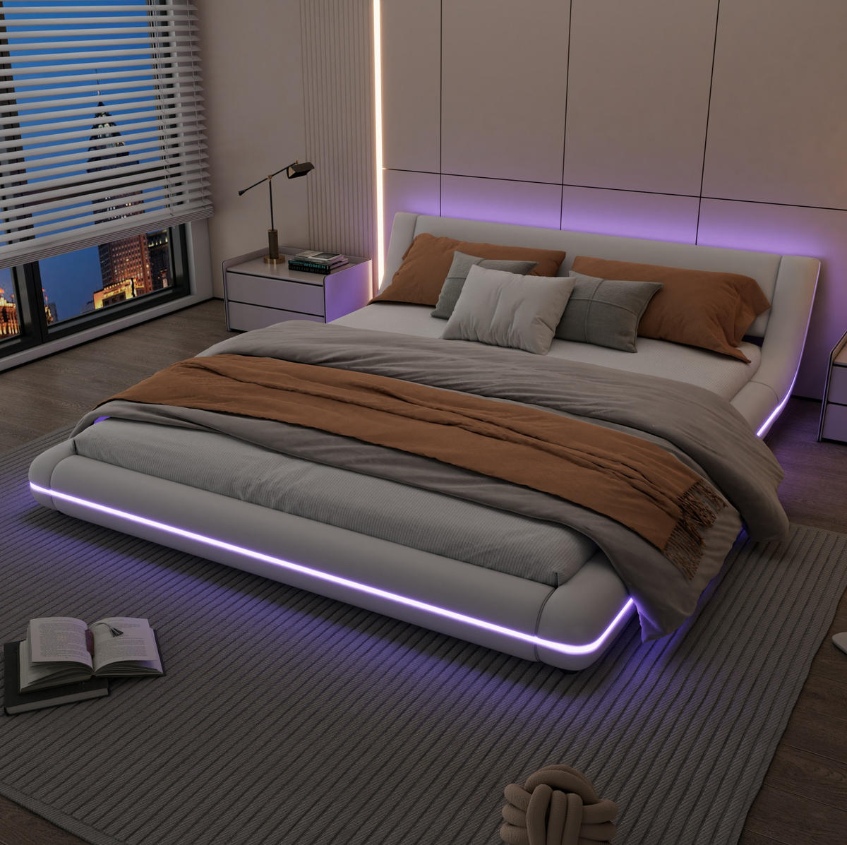 BODENBETT 160/200 cm Weiß aus PU mit LED-Beleuchtung - Weiß, Kunststoff (160/200cm) - OKWISH
