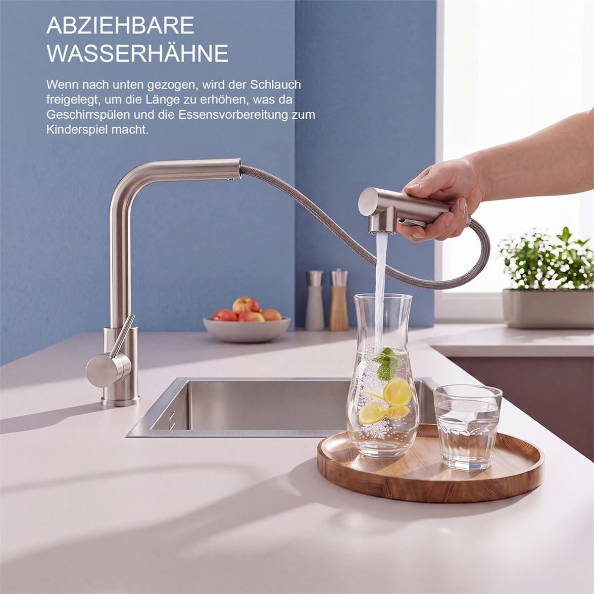 WASCHTISCHARMATUR L-Form ausziehbar Mischbatterie für Kalt - und Warmwasser Edelstahl - Spültischarmatur - Silberfarben, Metall (27.5/31/8.5cm) - DELFA