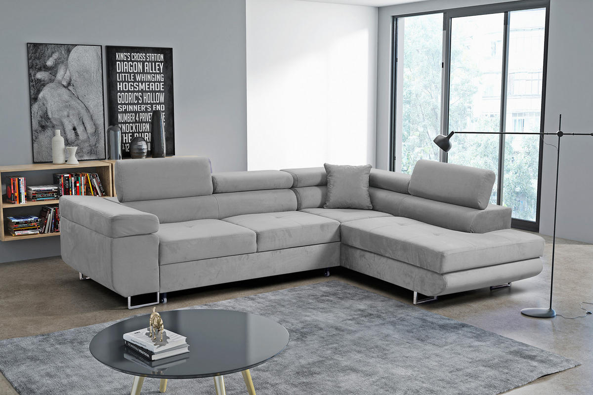 ECKSOFA Marlene III L-Form mit verstellbaren Kopfstützen Schlaffunktion Bettkasten 271 cm rechts hellgrau - Hellgrau, Kunststoff (202/271cm) - Margaret Hadas24