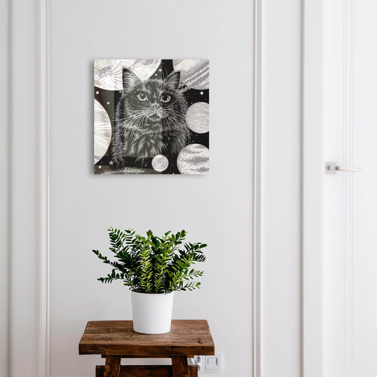 SCHLÜSSELBOX Weiß 30x30 cm – Türöffnung nach rechts - Weltraumkatze - Schwarz, Metall (30/30/5cm) - TULUP
