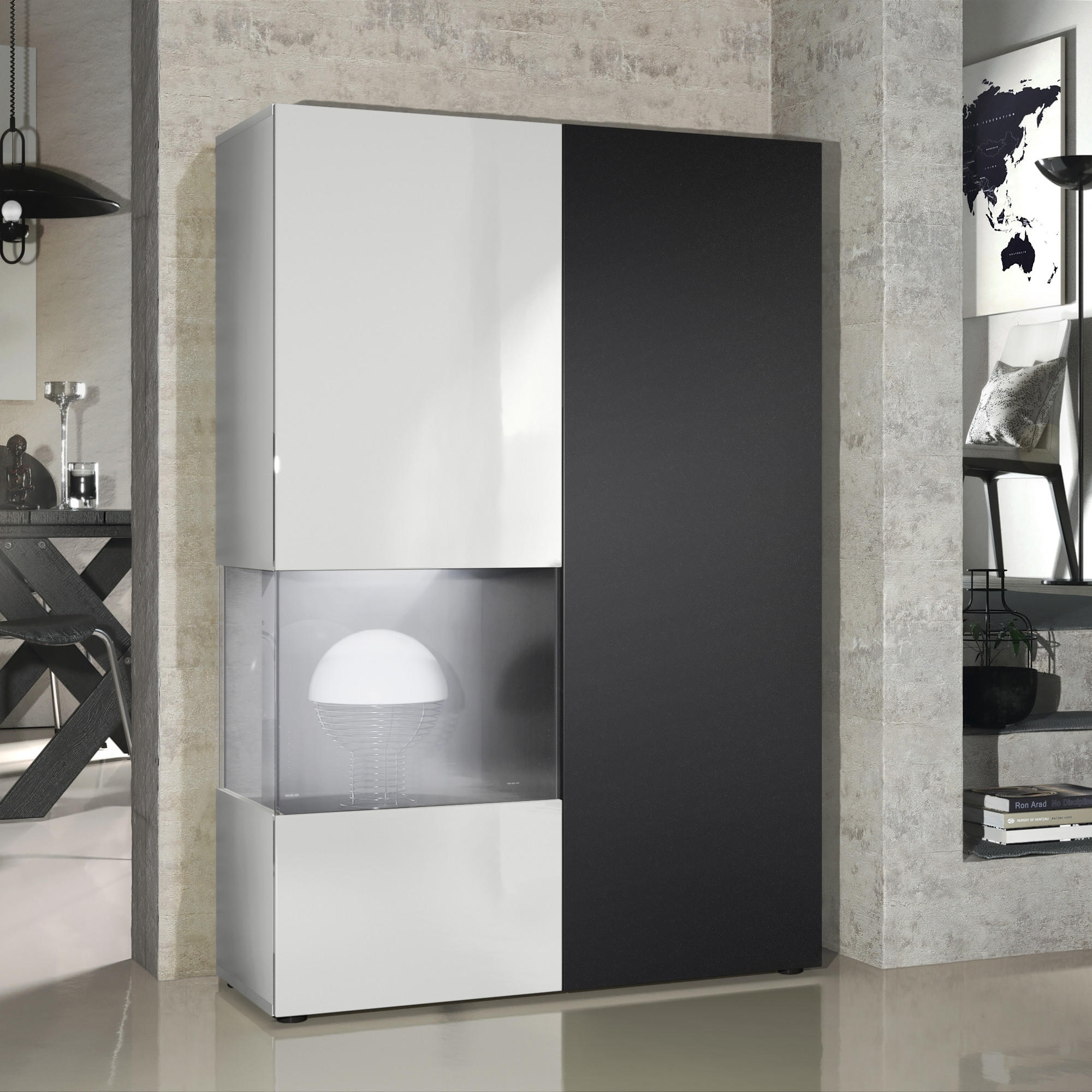 VITRINE Morena Tür und Einsatz in Schwarz matt - Schwarz, Holzwerkstoff (91.5/136.5/37cm) - Vladon