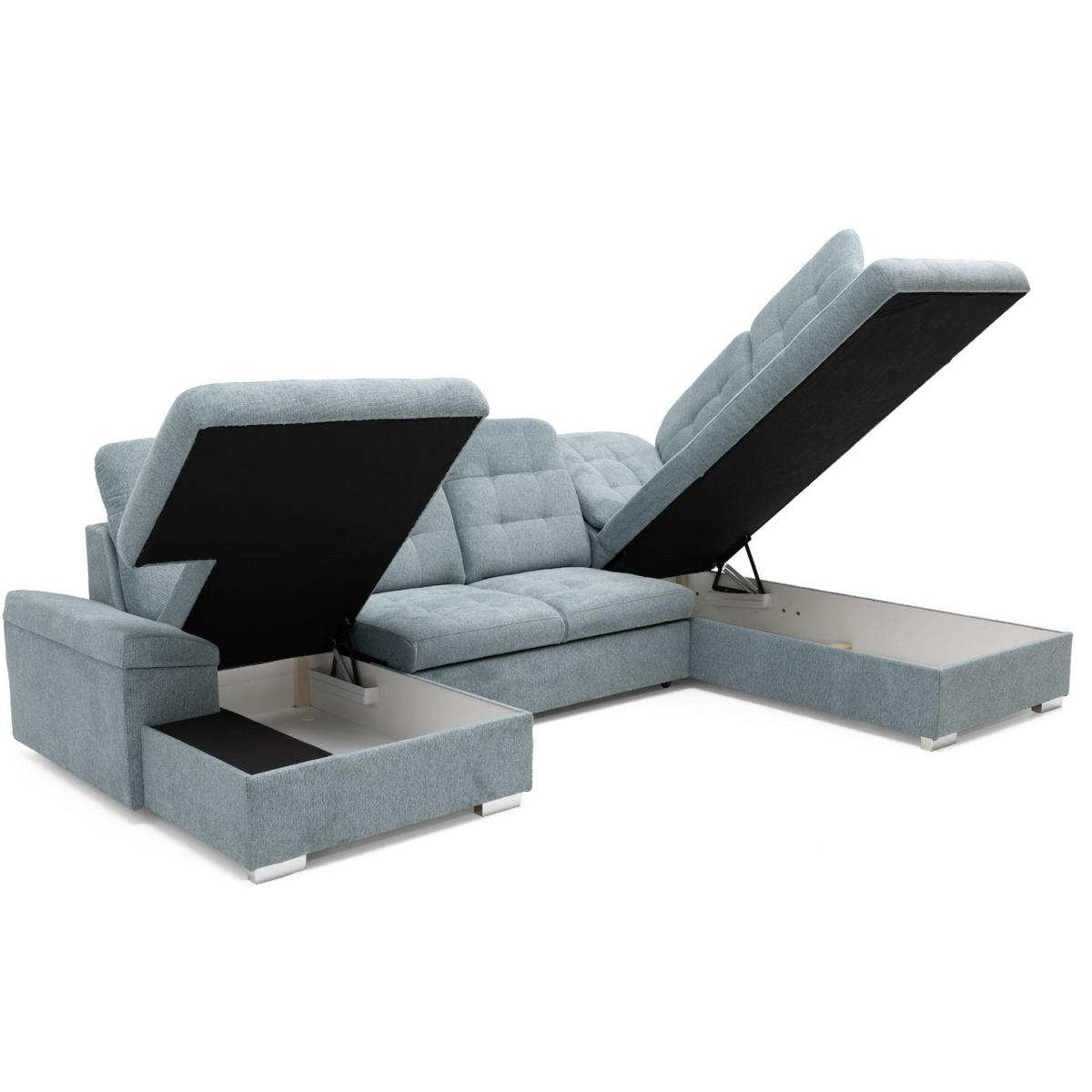 ECKSOFA U-Form OLIVIA U Rechts mit Schlaffunktion 124x257 Velours Blaugrau - Silberfarben/Blaugrau, Holz/Kunststoff (202/103/320cm) - Muffo